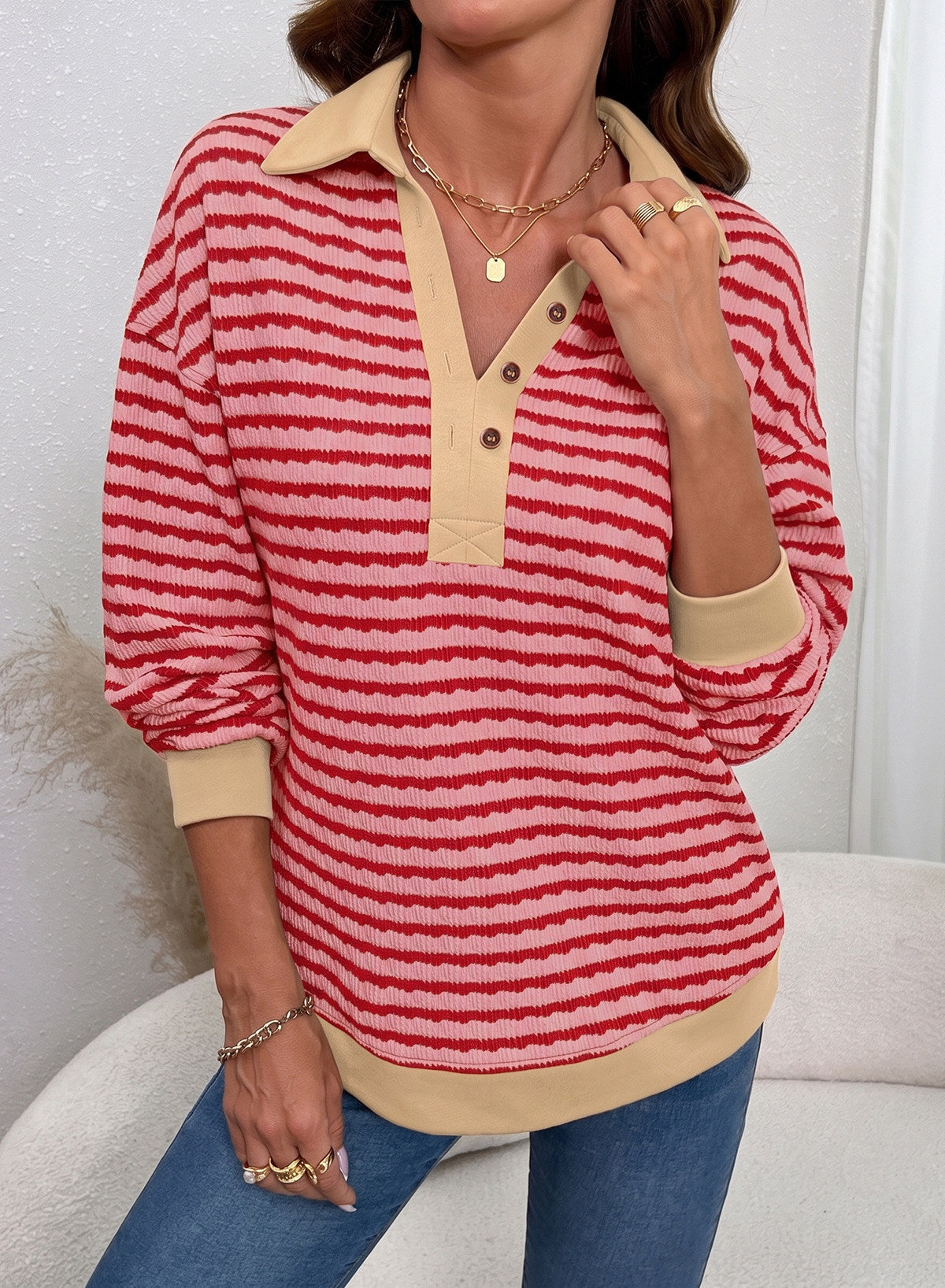Dokotoo Oversized Henley Neck Sweatshirt for Women Striped Pullover Tops