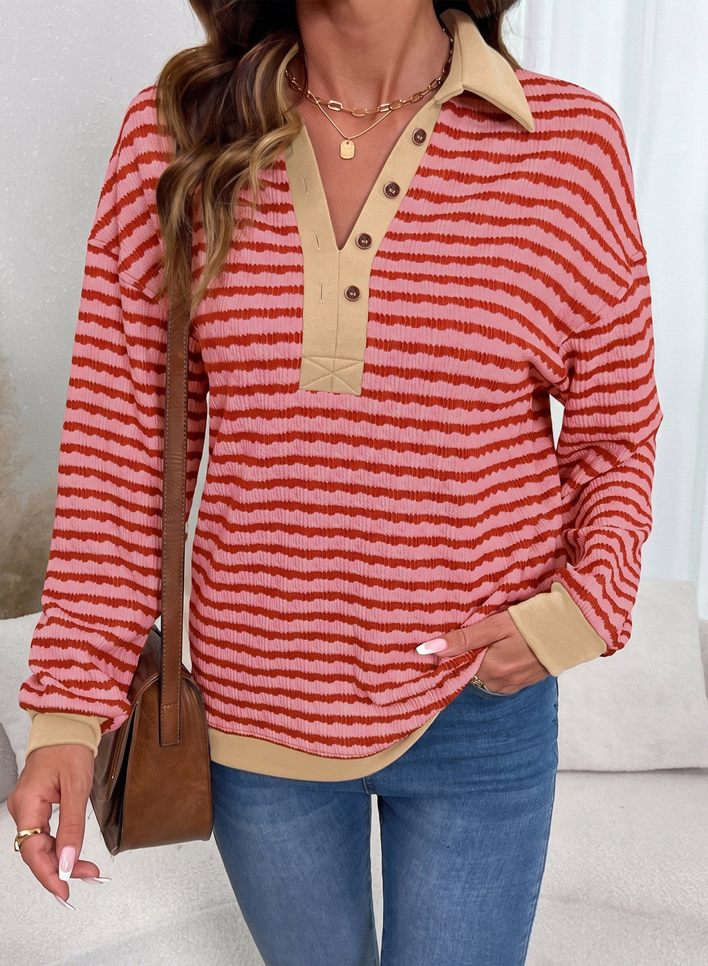 Dokotoo Oversized Henley Neck Sweatshirt for Women Striped Pullover Tops
