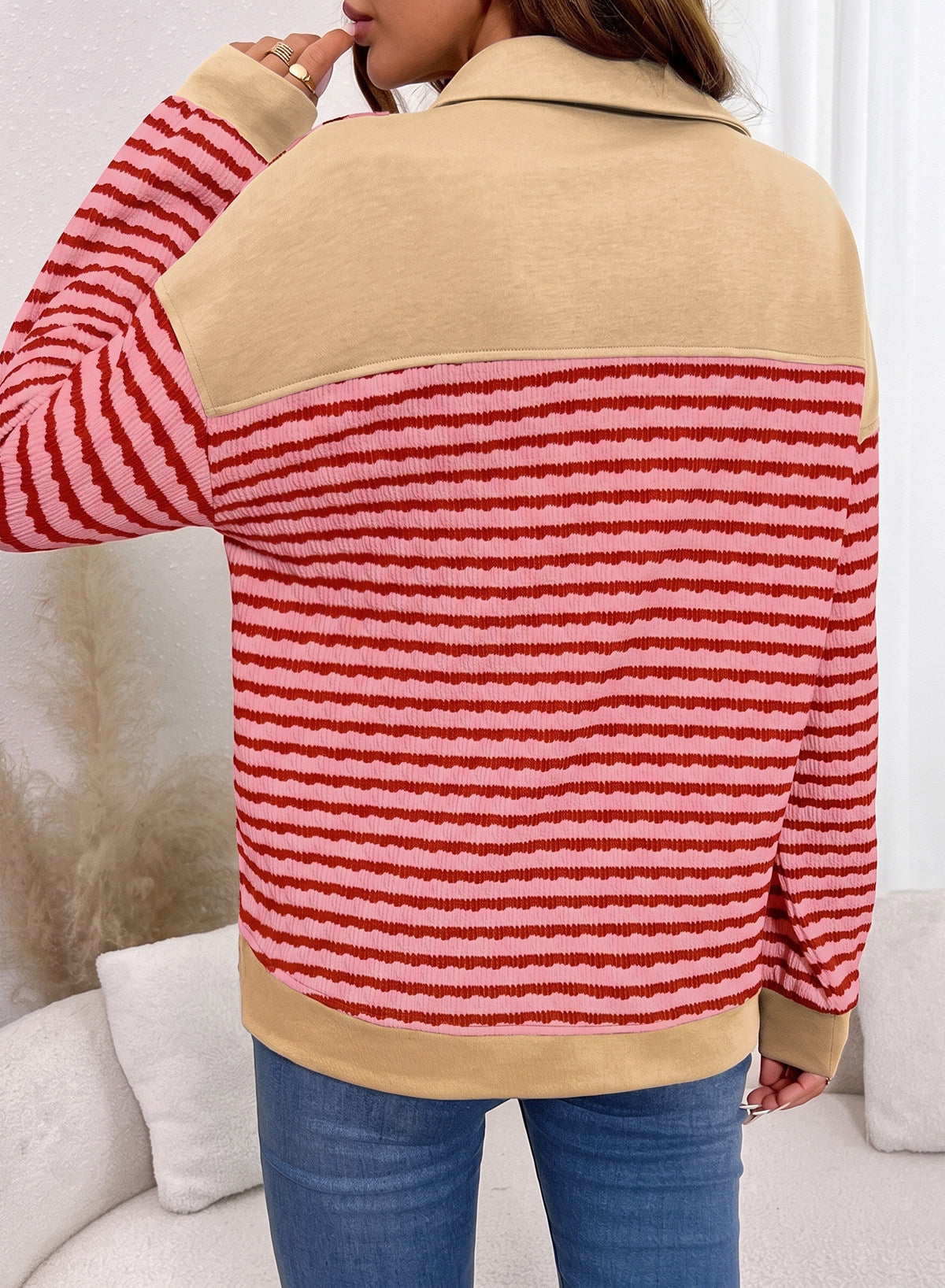 Dokotoo Oversized Henley Neck Sweatshirt for Women Striped Pullover Tops