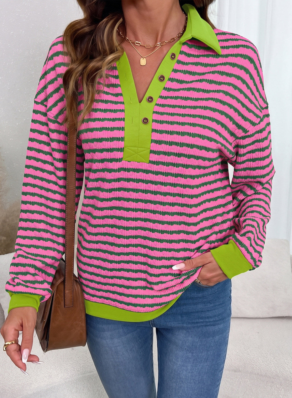 Dokotoo Oversized Henley Neck Sweatshirt for Women Striped Pullover Tops