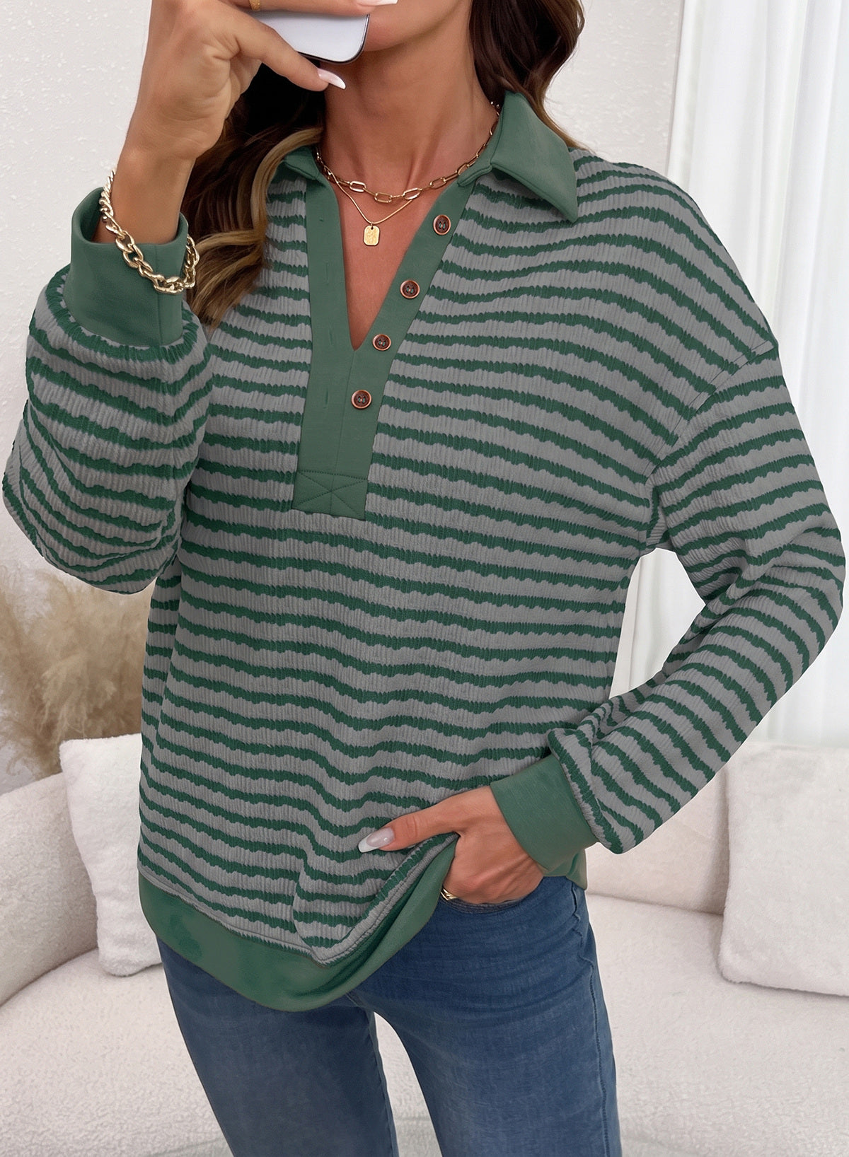 Dokotoo Oversized Henley Neck Sweatshirt for Women Striped Pullover Tops