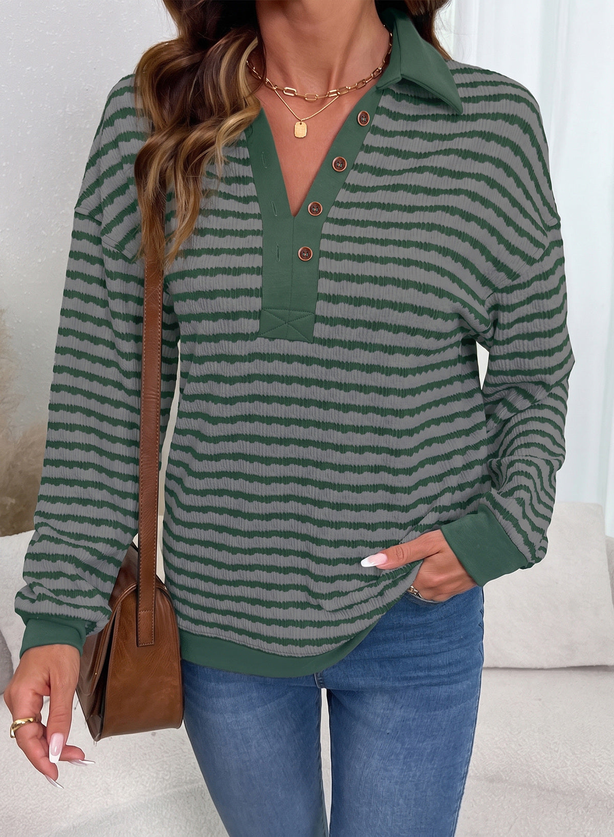 Dokotoo Oversized Henley Neck Sweatshirt for Women Striped Pullover Tops