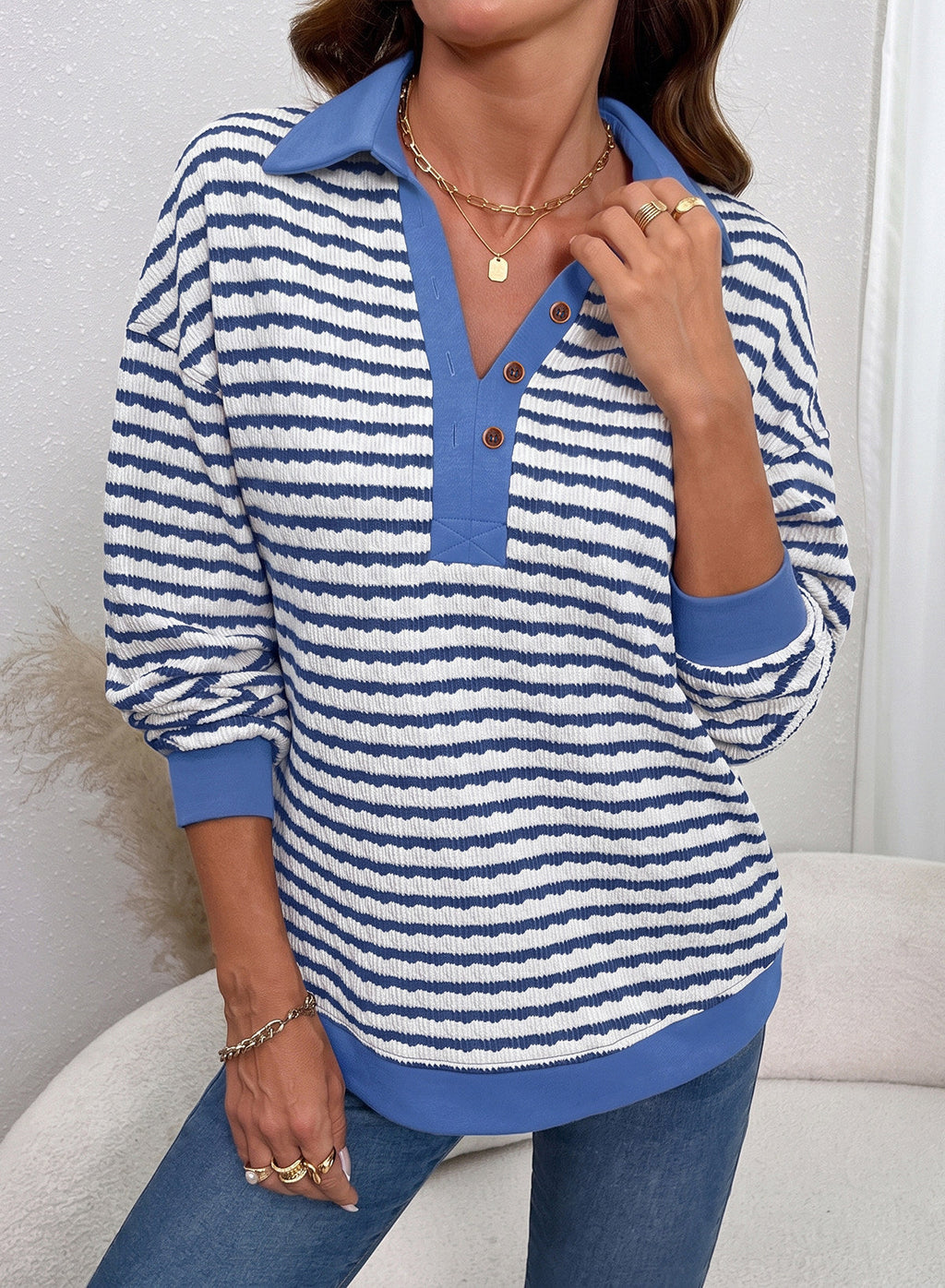 Dokotoo Oversized Henley Neck Sweatshirt for Women Striped Pullover Tops