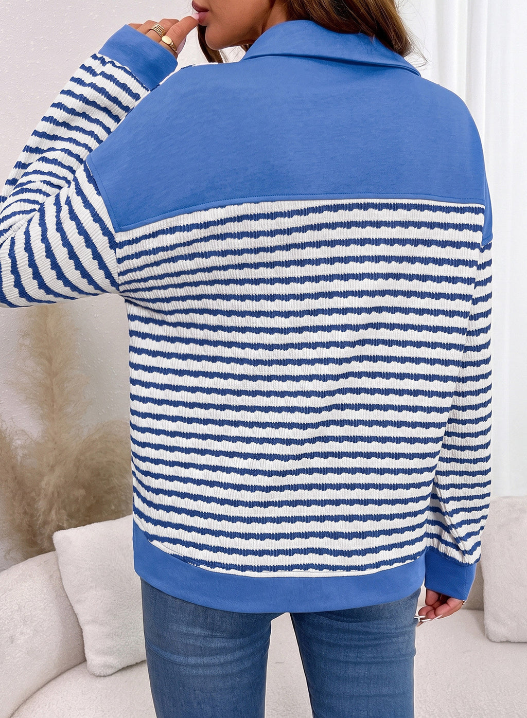 Dokotoo Oversized Henley Neck Sweatshirt for Women Striped Pullover Tops