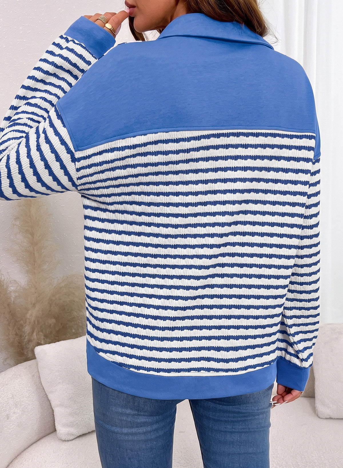 Dokotoo Oversized Henley Neck Sweatshirt for Women Striped Pullover Tops