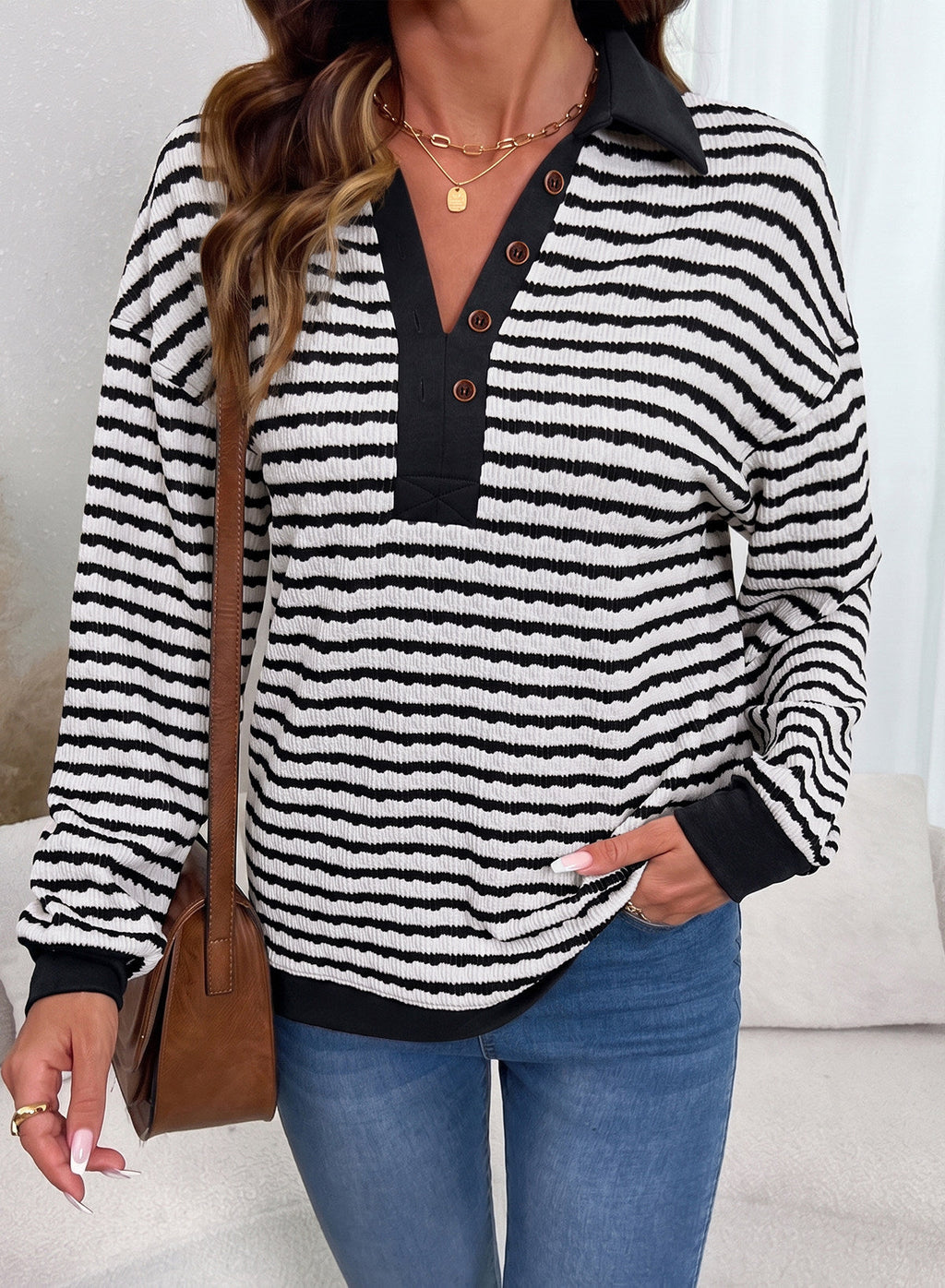 Dokotoo Oversized Henley Neck Sweatshirt for Women Striped Pullover Tops