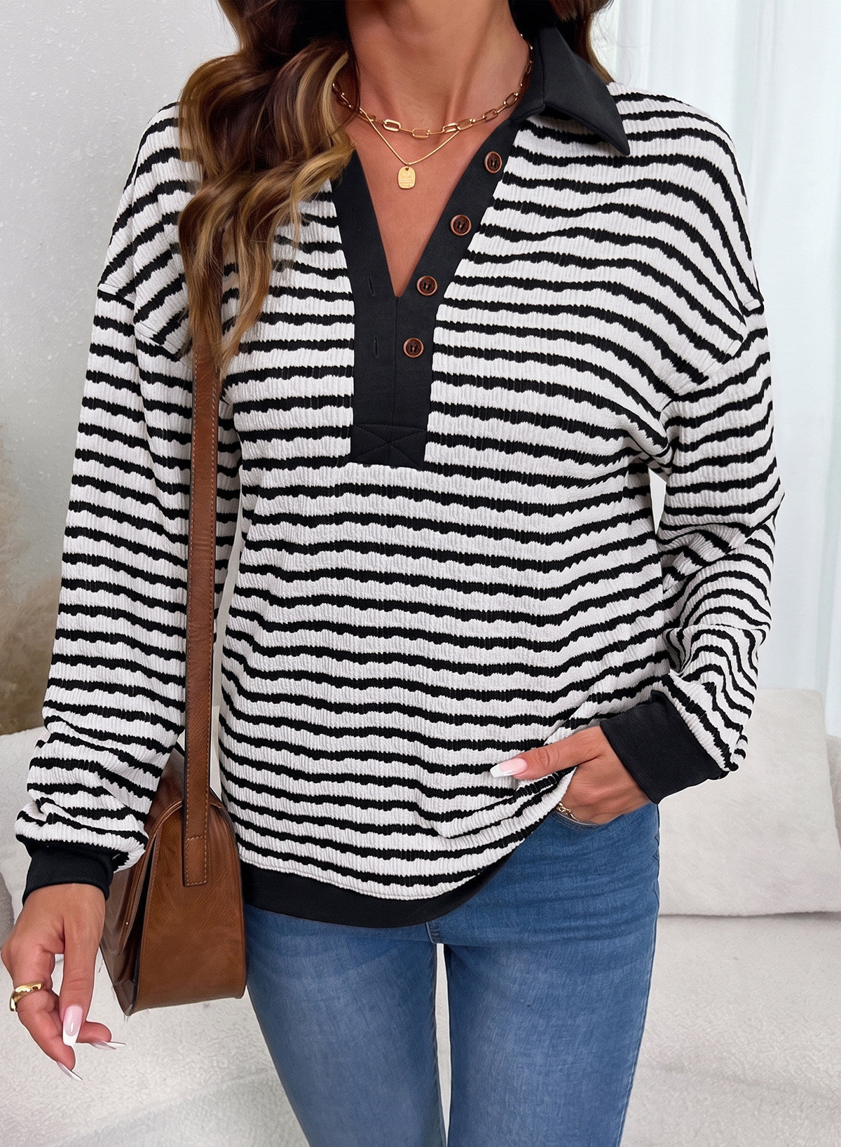Dokotoo Oversized Henley Neck Sweatshirt for Women Striped Pullover Tops