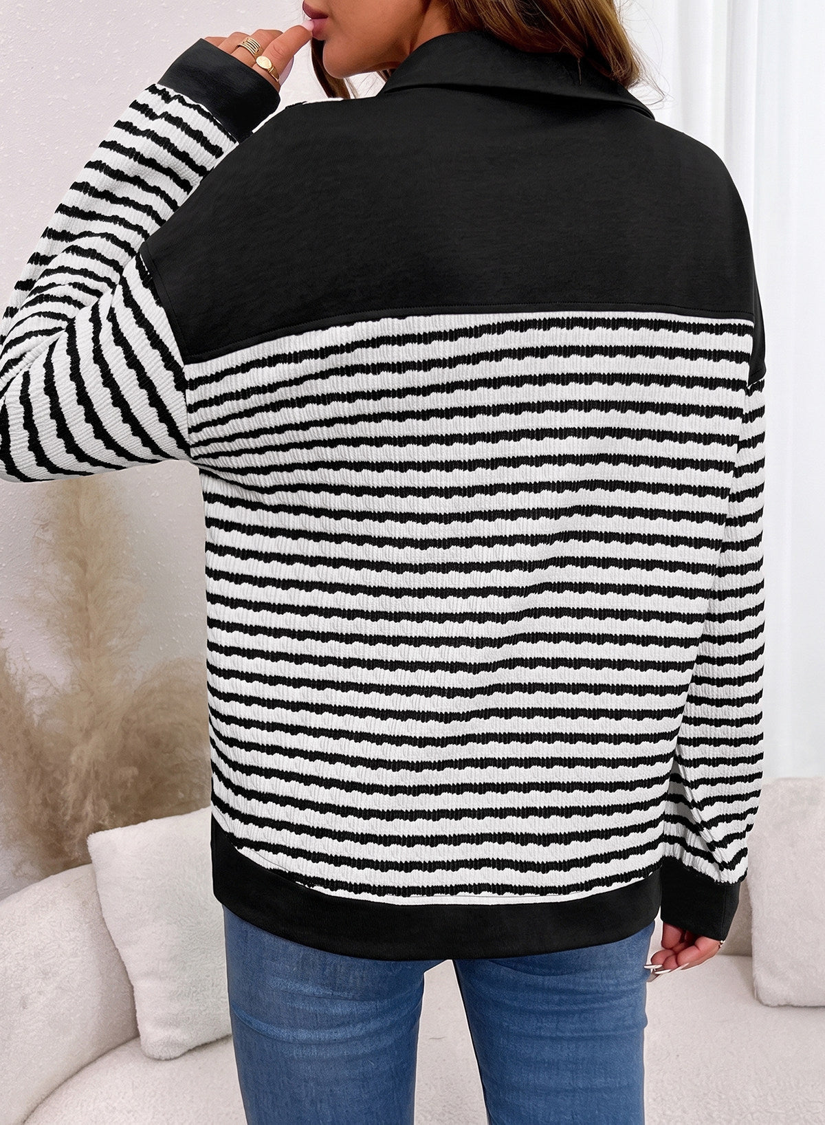 Dokotoo Oversized Henley Neck Sweatshirt for Women Striped Pullover Tops