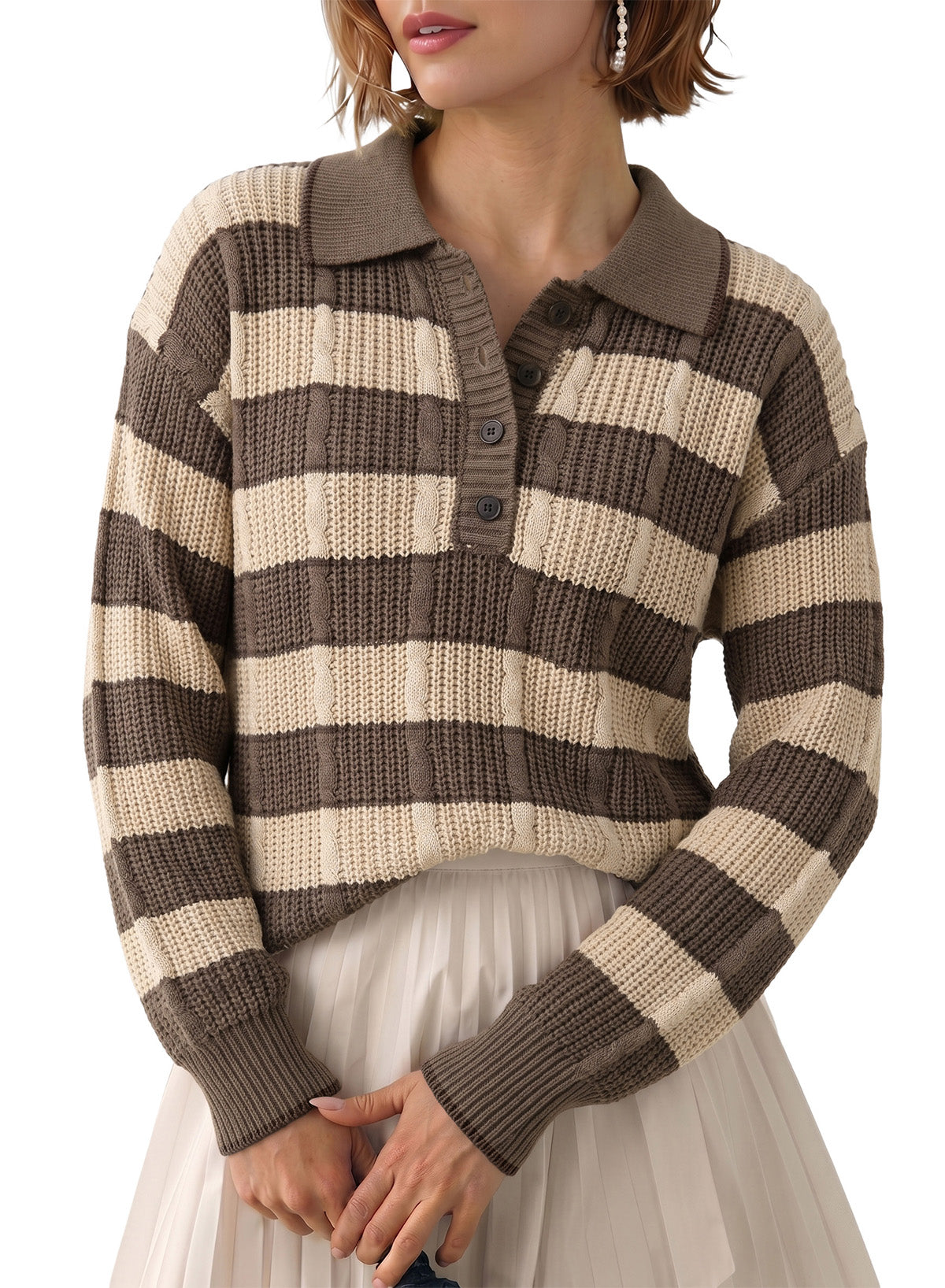 Dokotoo Sweaters for Women Long Sleeve Striped Color Block Button Polo Lapel Collar Cable Knit Casual Pullover Sweater Tops