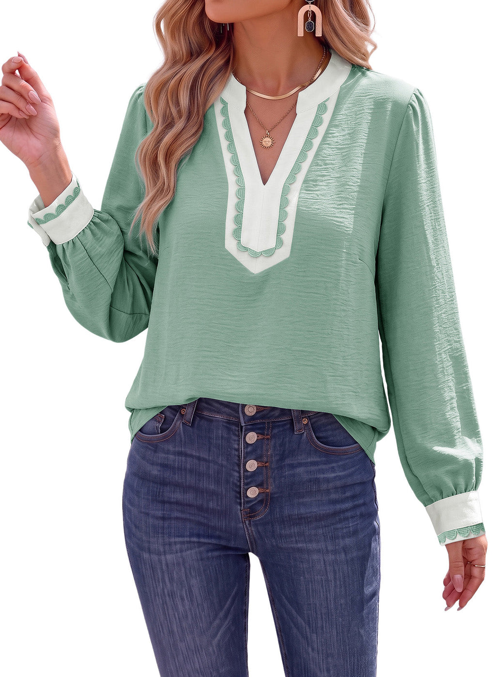 Dokotoo Womens Tops V Neck Long Sleeve Shirts Boho Trim Casual Blouses