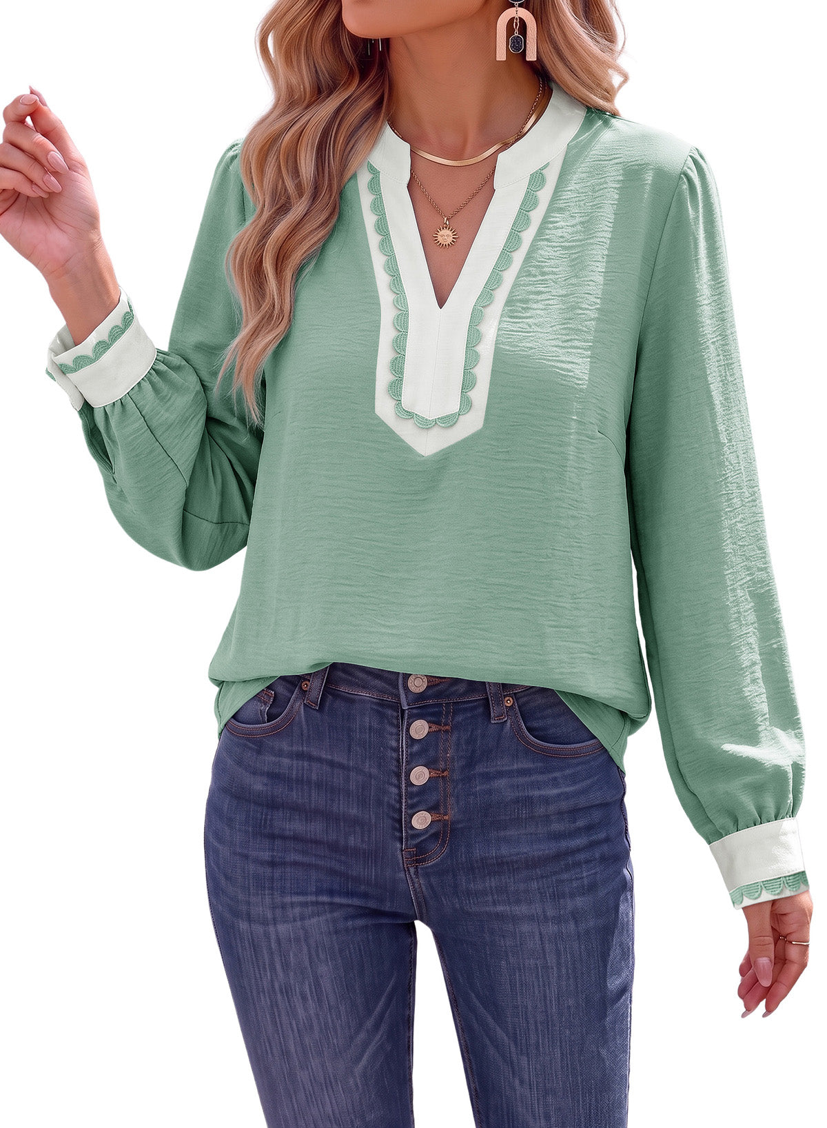 Dokotoo Womens Tops V Neck Long Sleeve Shirts Boho Trim Casual Blouses