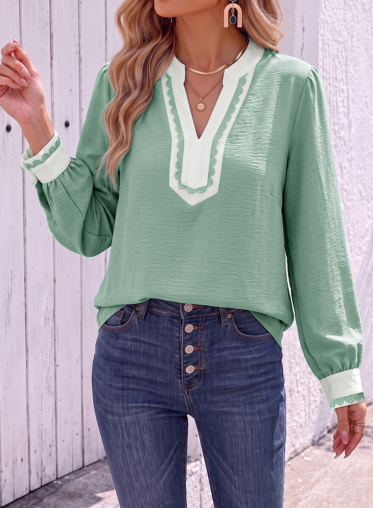 Dokotoo Womens Tops V Neck Long Sleeve Shirts Boho Trim Casual Blouses