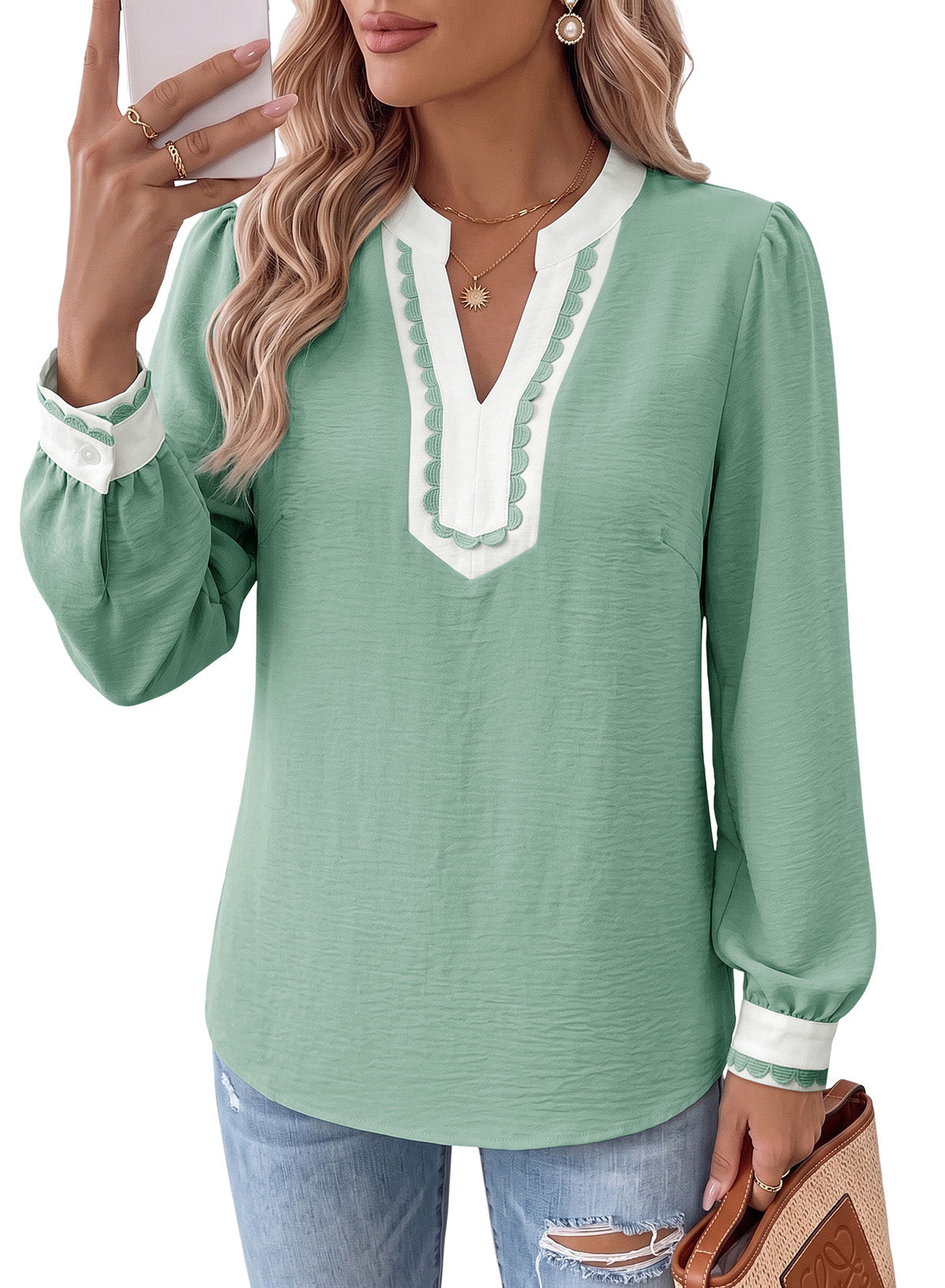 Dokotoo Womens Tops V Neck Long Sleeve Shirts Boho Trim Casual Blouses