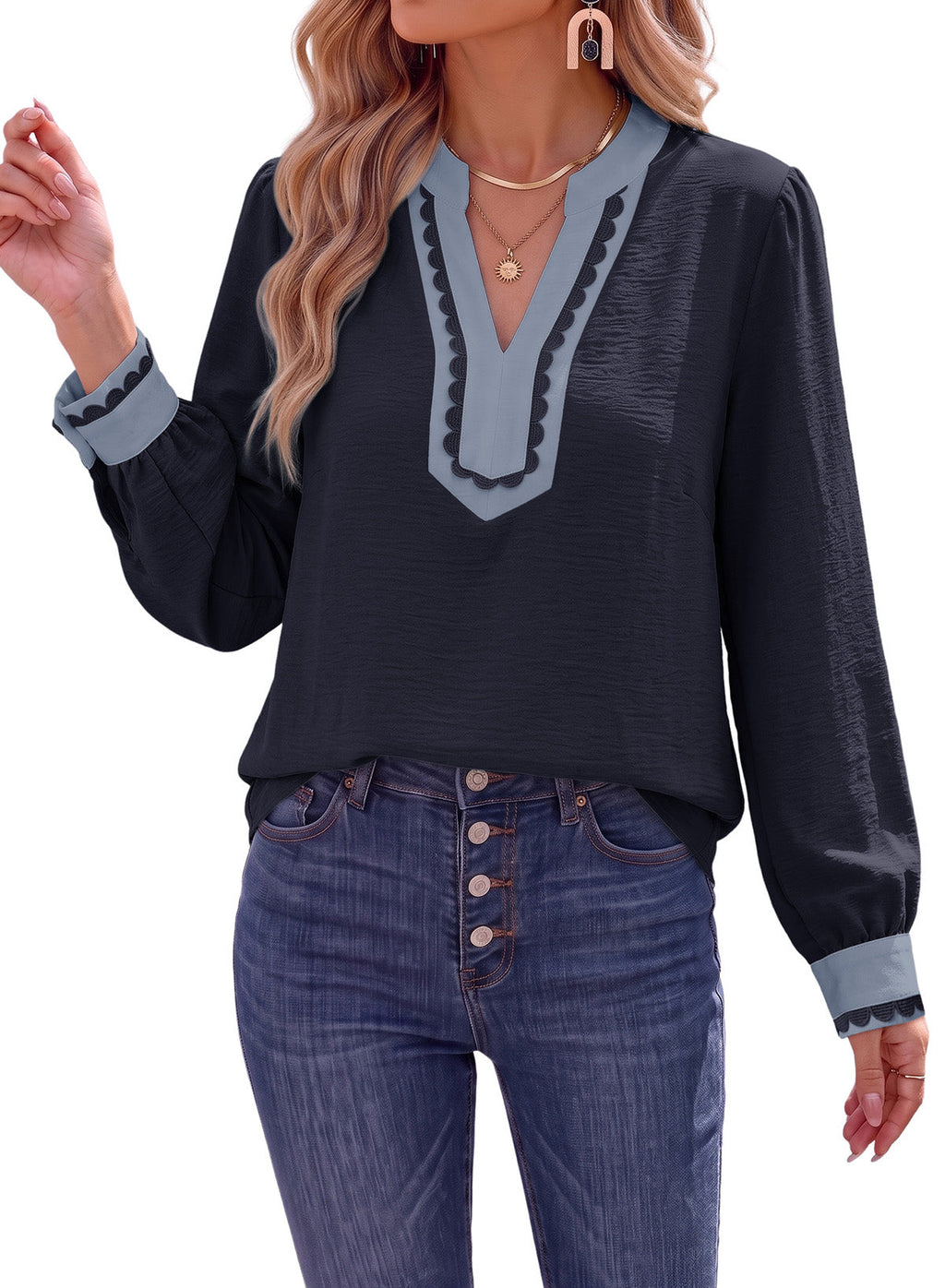 Dokotoo Womens Tops V Neck Long Sleeve Shirts Boho Trim Casual Blouses