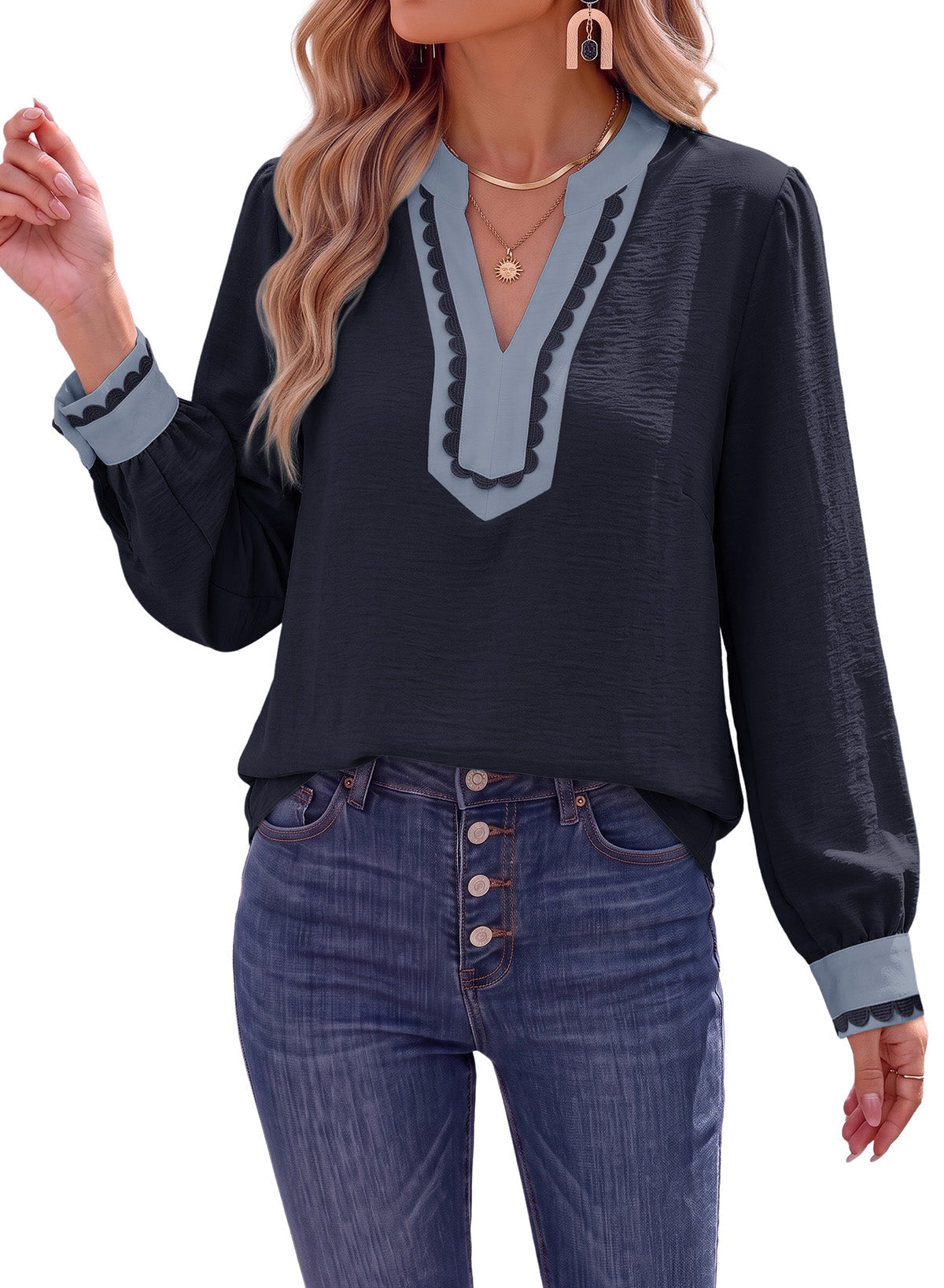 Dokotoo Womens Tops V Neck Long Sleeve Shirts Boho Trim Casual Blouses