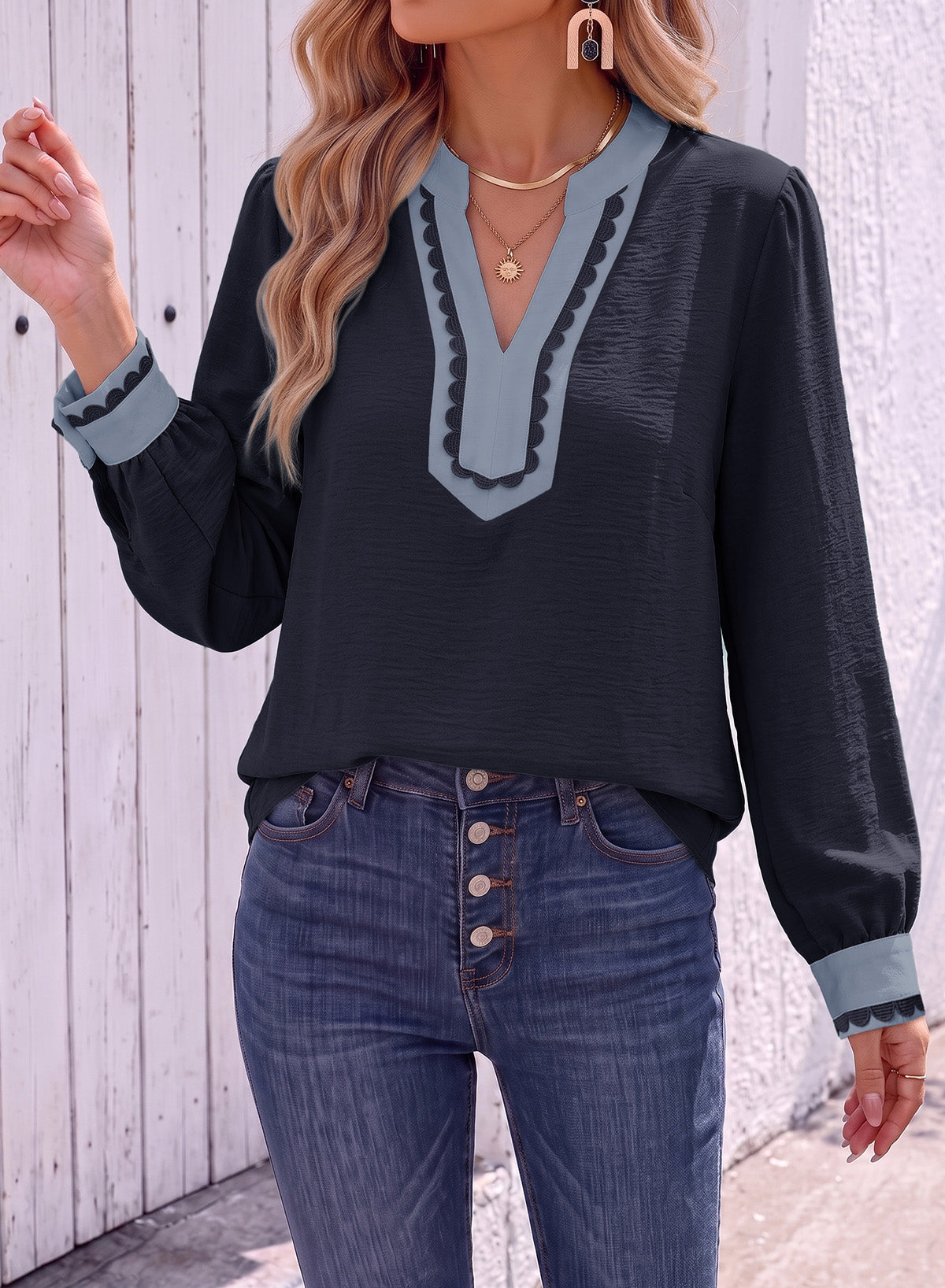 Dokotoo Womens Tops V Neck Long Sleeve Shirts Boho Trim Casual Blouses