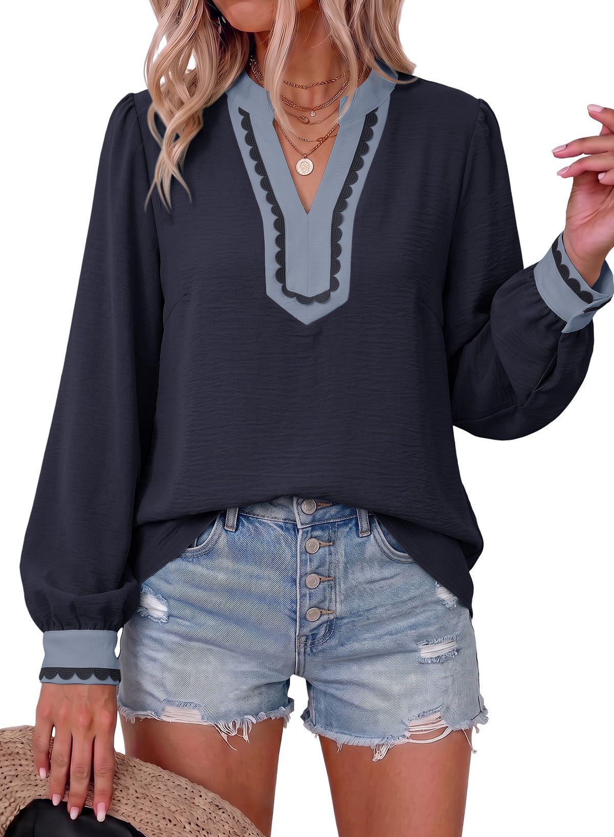 Dokotoo Womens Tops V Neck Long Sleeve Shirts Boho Trim Casual Blouses