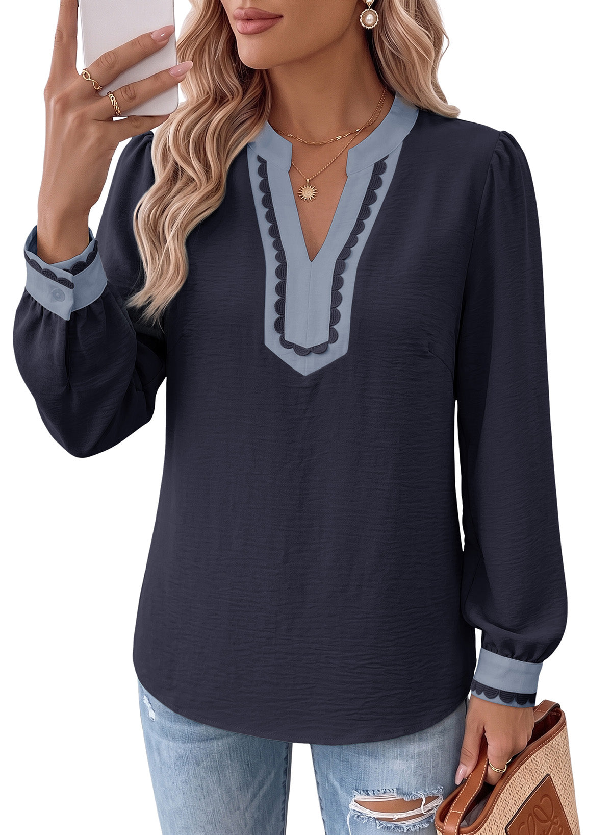 Dokotoo Womens Tops V Neck Long Sleeve Shirts Boho Trim Casual Blouses