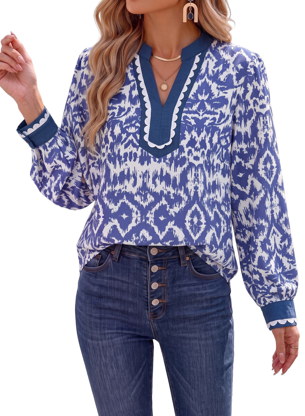Dokotoo Womens Tops V Neck Long Sleeve Shirts Boho Trim Casual Blouses