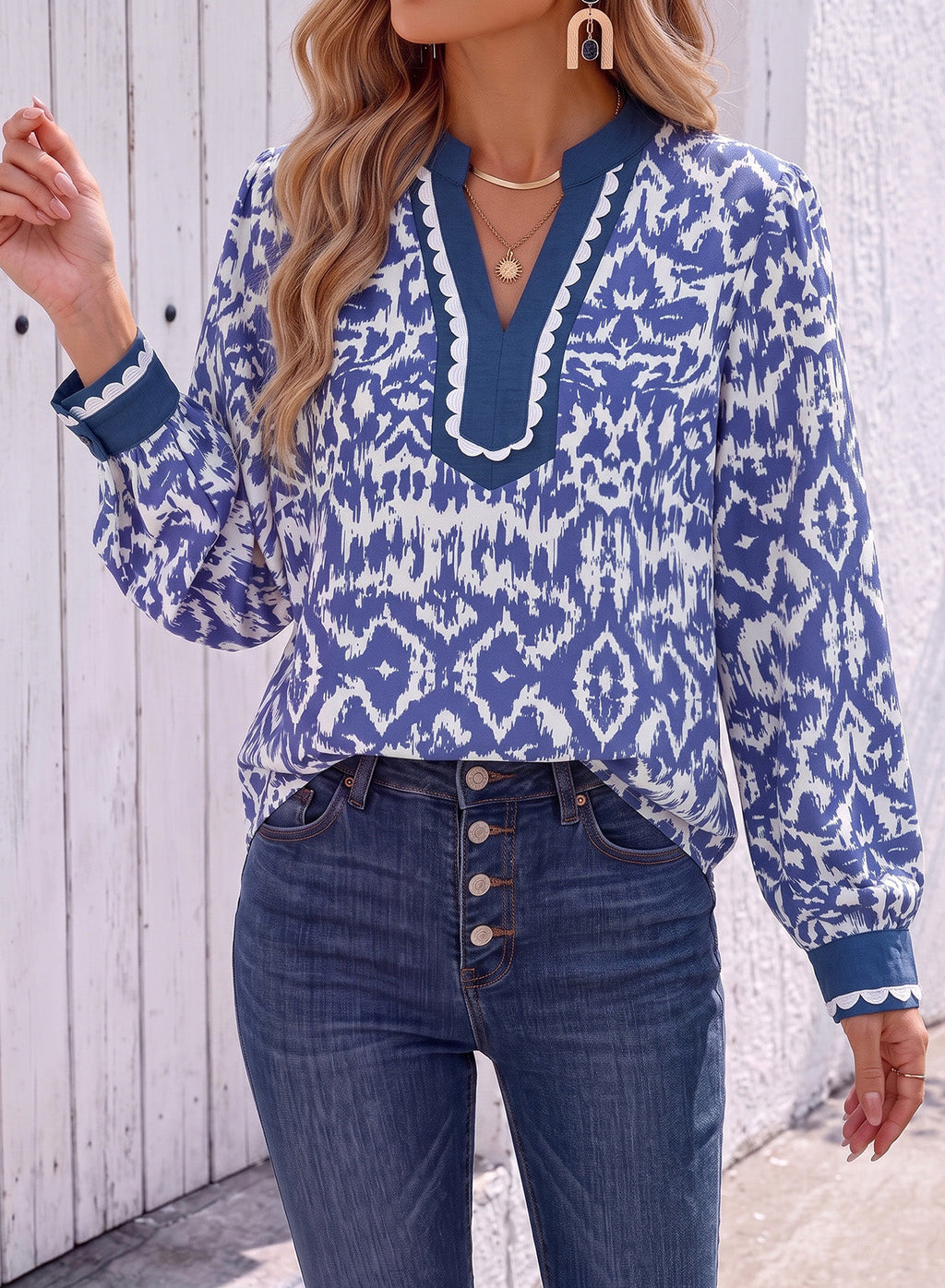 Dokotoo Womens Tops V Neck Long Sleeve Shirts Boho Trim Casual Blouses
