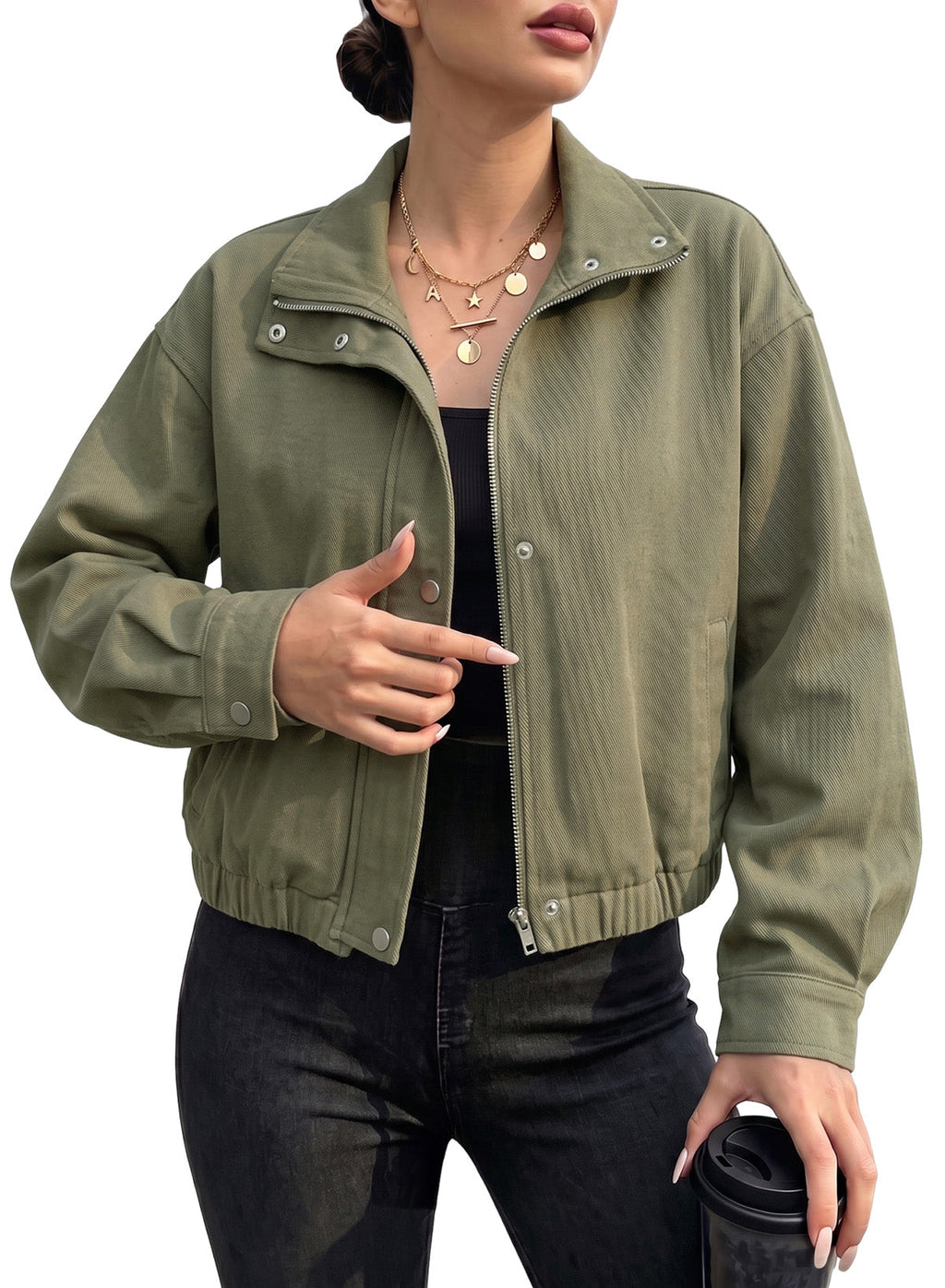 Dokotoo Womens Cropped Jean Jacket Zip Up Oversized Denim Jacket