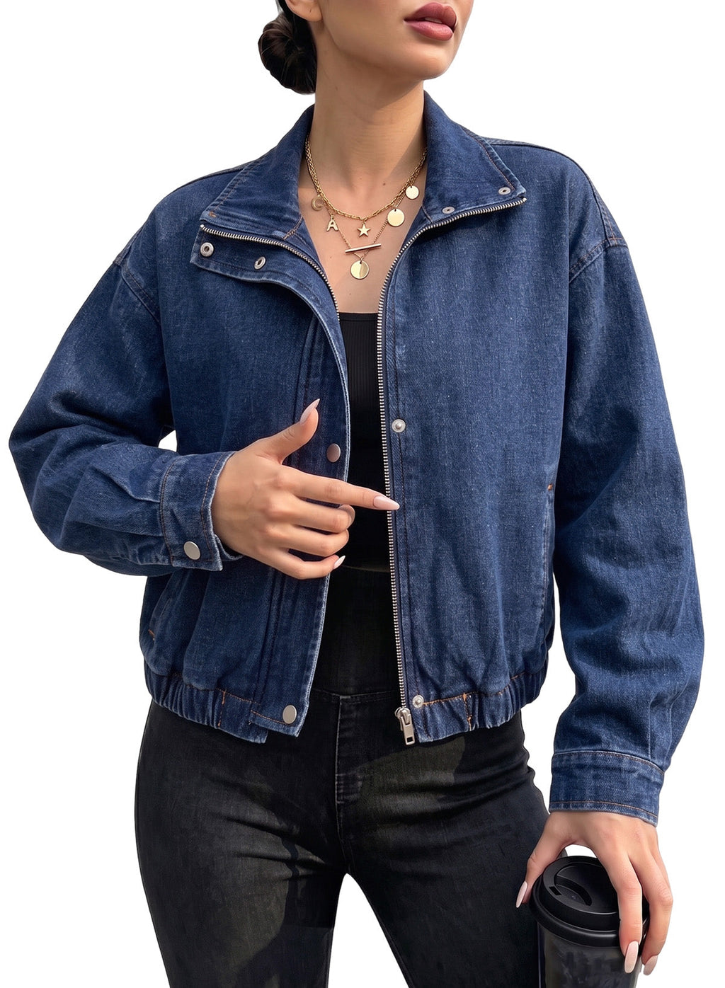 Dokotoo Womens Cropped Jean Jacket Zip Up Oversized Denim Jacket