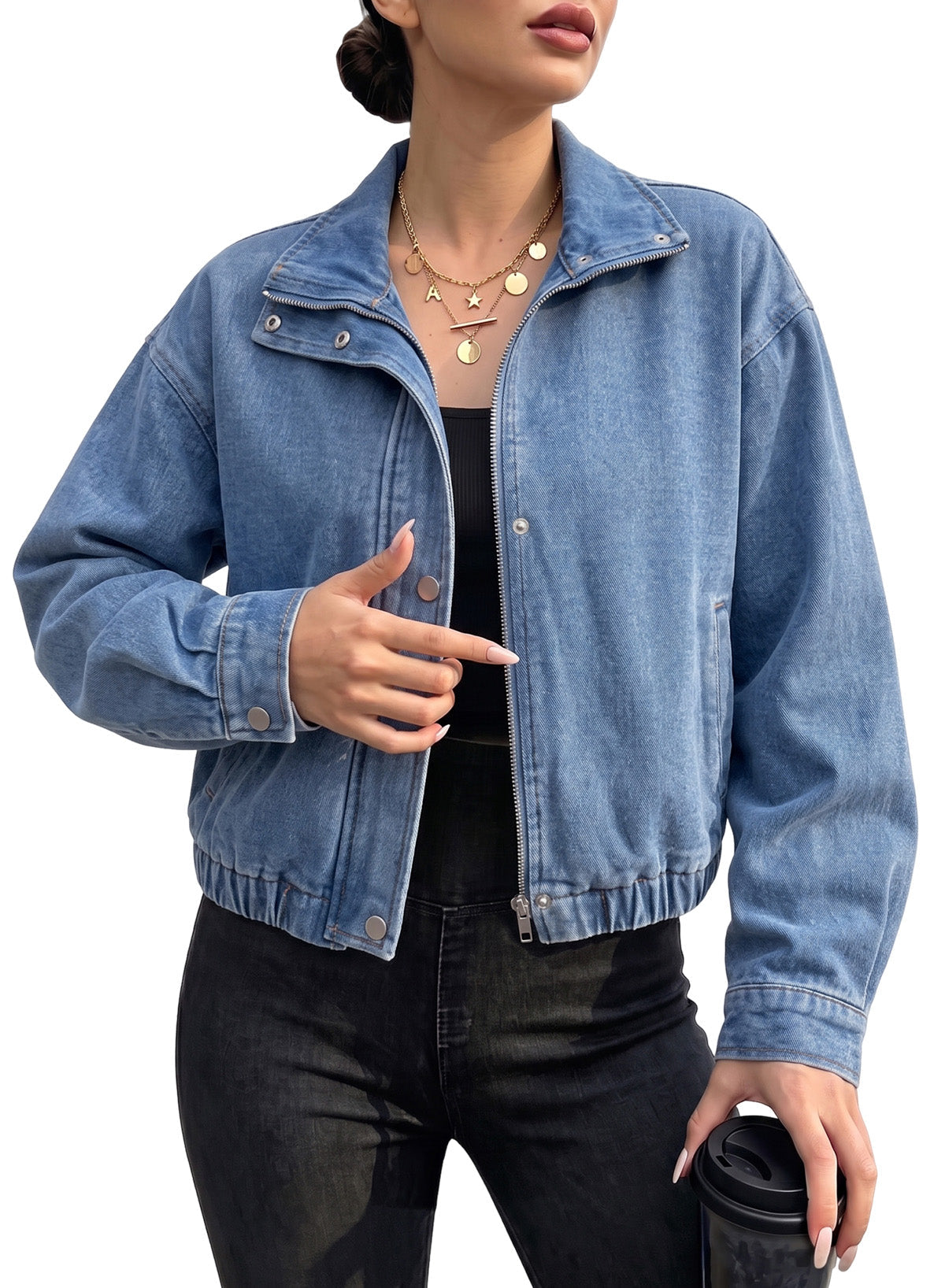 Dokotoo Womens Cropped Jean Jacket Zip Up Oversized Denim Jacket