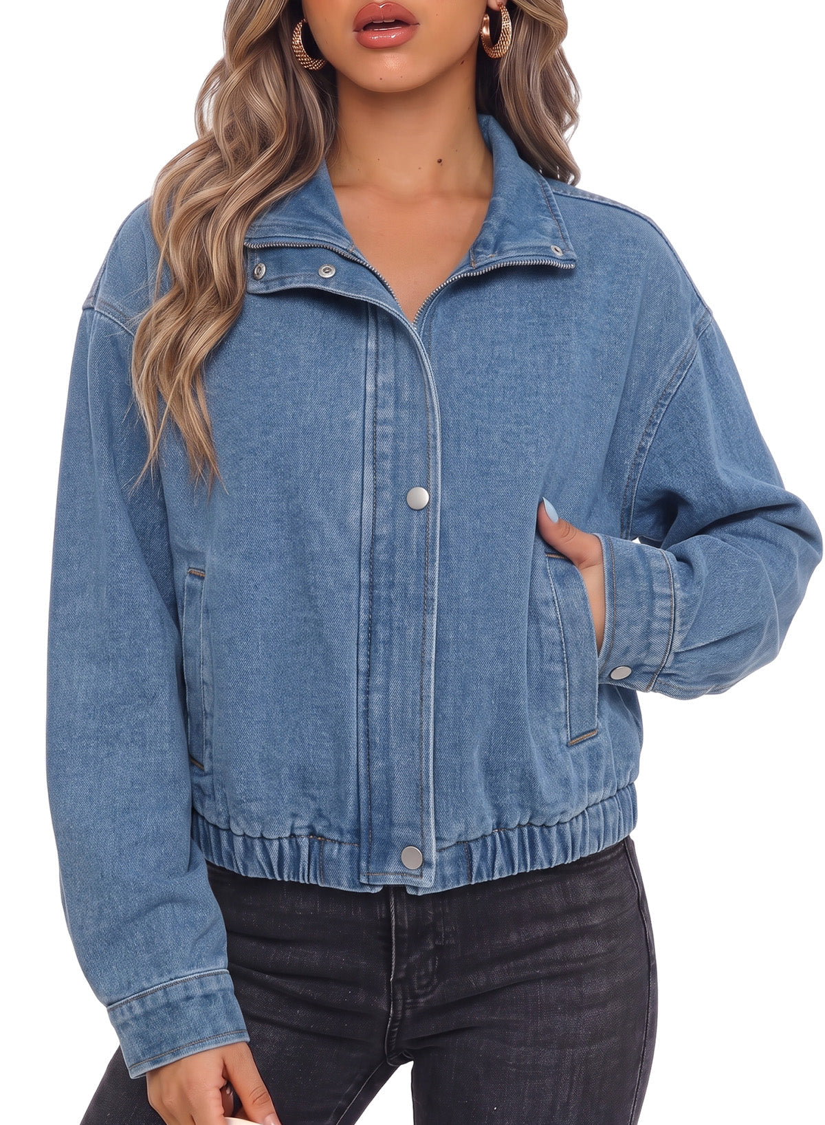 Dokotoo Womens Cropped Jean Jacket Zip Up Oversized Denim Jacket