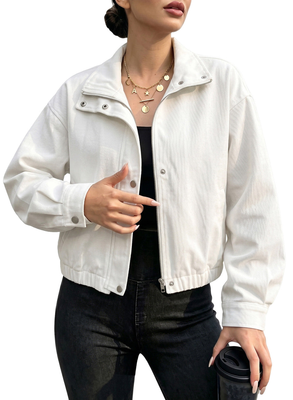 Dokotoo Womens Cropped Jean Jacket Zip Up Oversized Denim Jacket