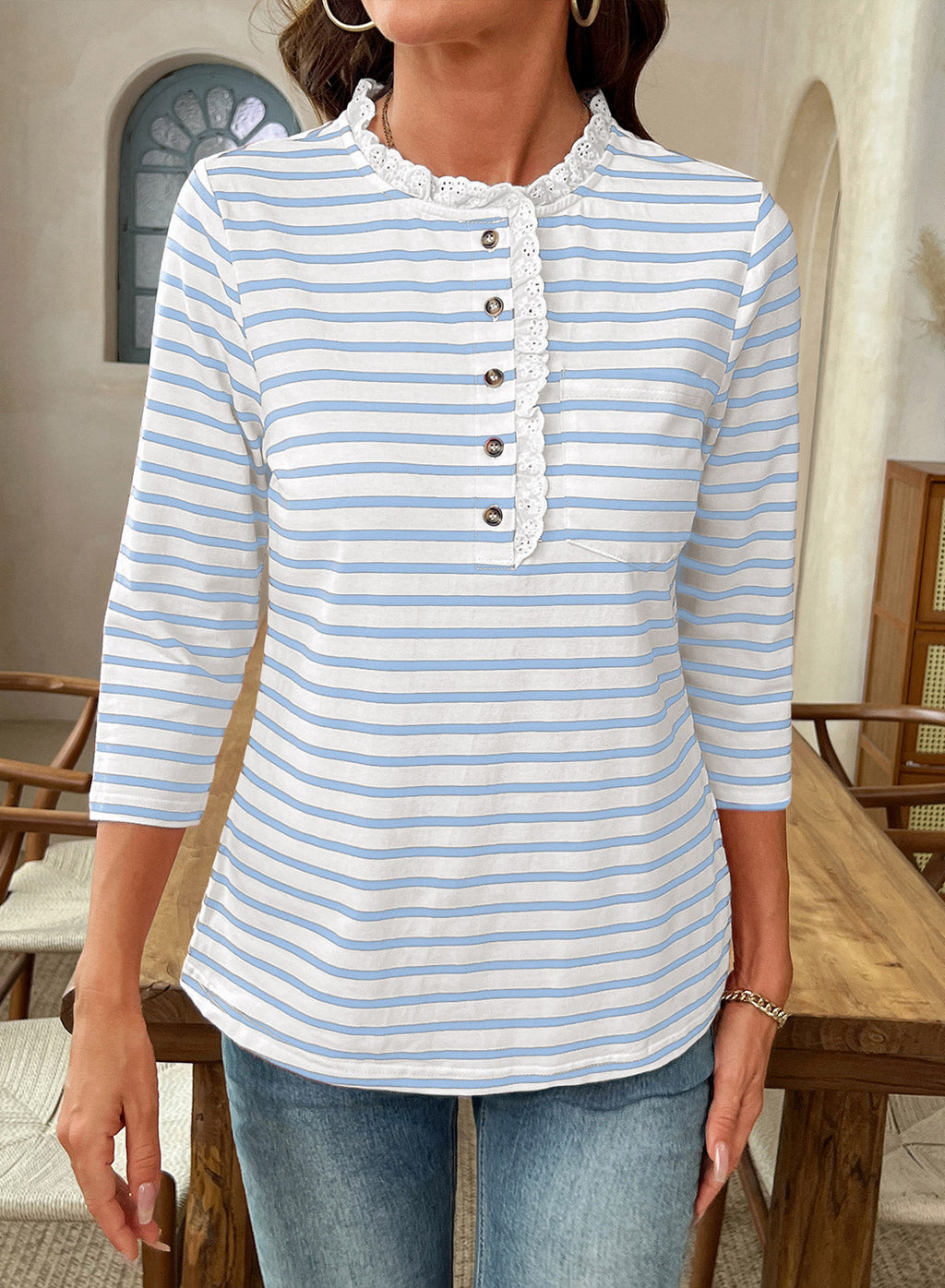 Womens Tops 3/4 Length Sleeve V Neck Loose Casual T Shirts