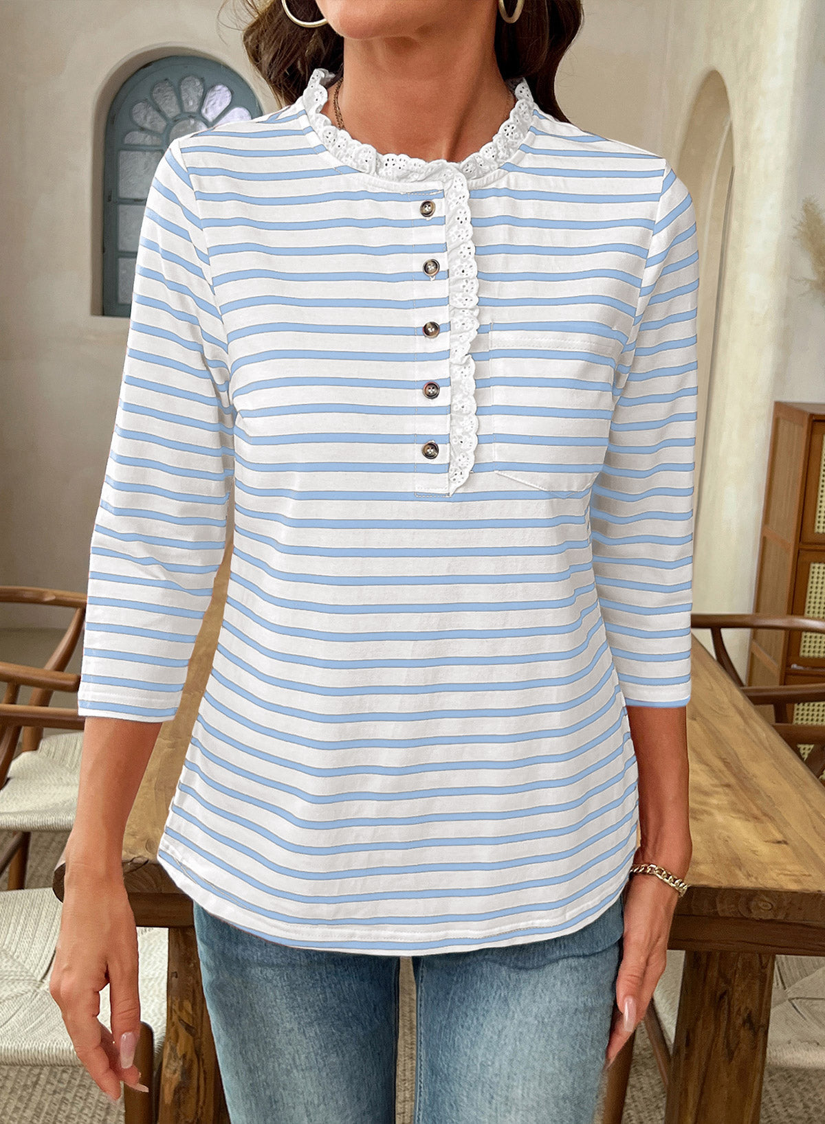 Womens Tops 3/4 Length Sleeve V Neck Loose Casual T Shirts