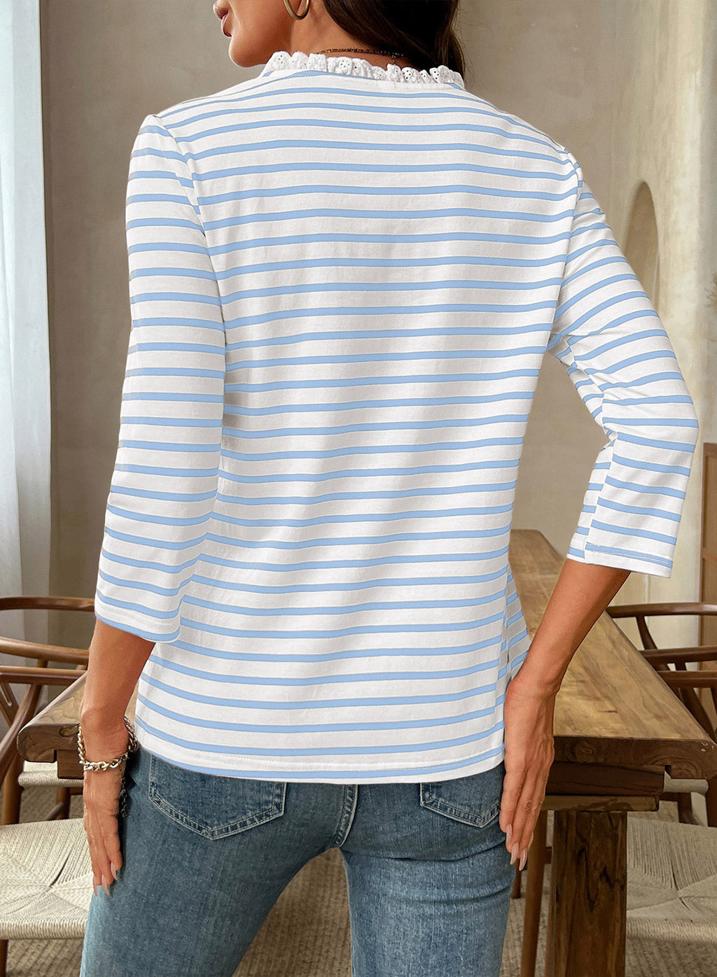 Womens Tops 3/4 Length Sleeve V Neck Loose Casual T Shirts