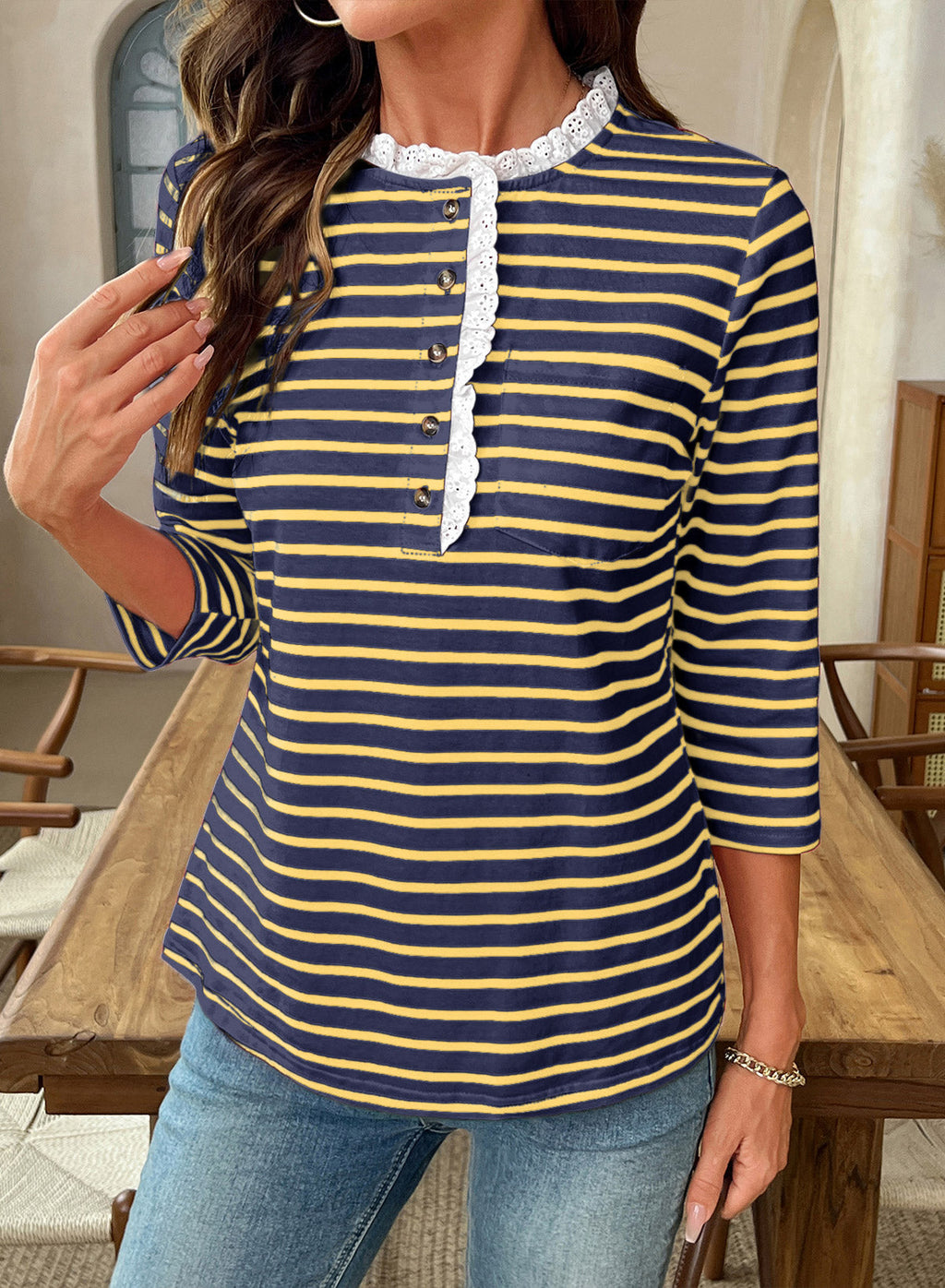Womens Tops 3/4 Length Sleeve V Neck Loose Casual T Shirts