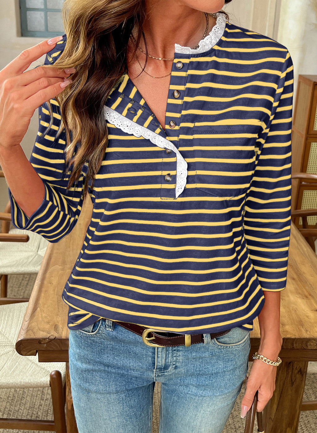 Womens Tops 3/4 Length Sleeve V Neck Loose Casual T Shirts