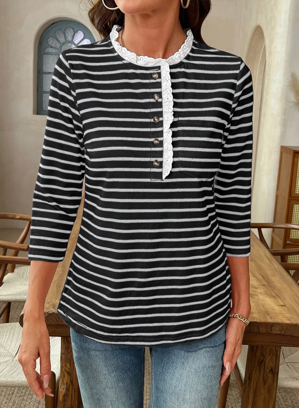 Womens Tops 3/4 Length Sleeve V Neck Loose Casual T Shirts