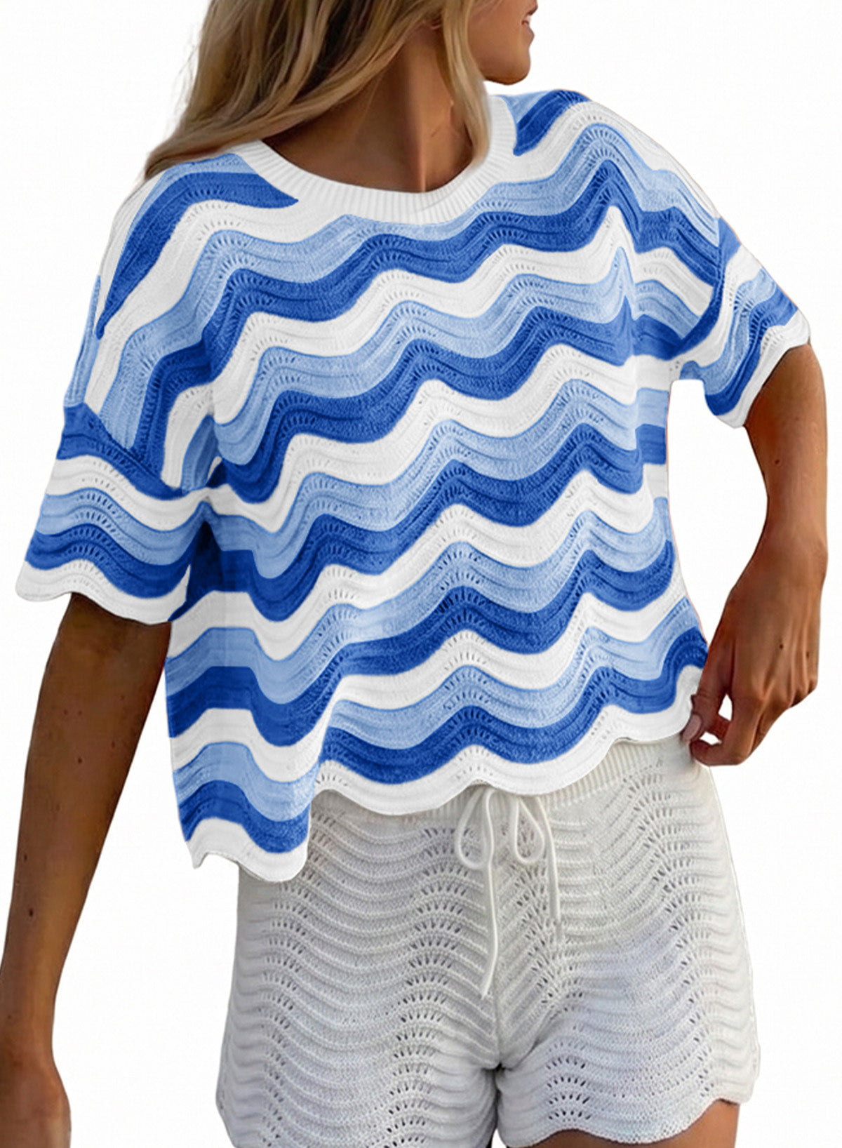 Dokotoo Women's Summer Crochet Tops 2026 Ruffle Striped Hollow Out Sweaters