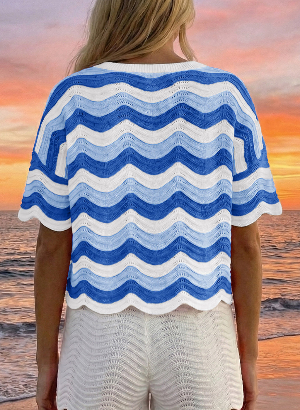 Dokotoo Women's Summer Crochet Tops 2026 Ruffle Striped Hollow Out Sweaters