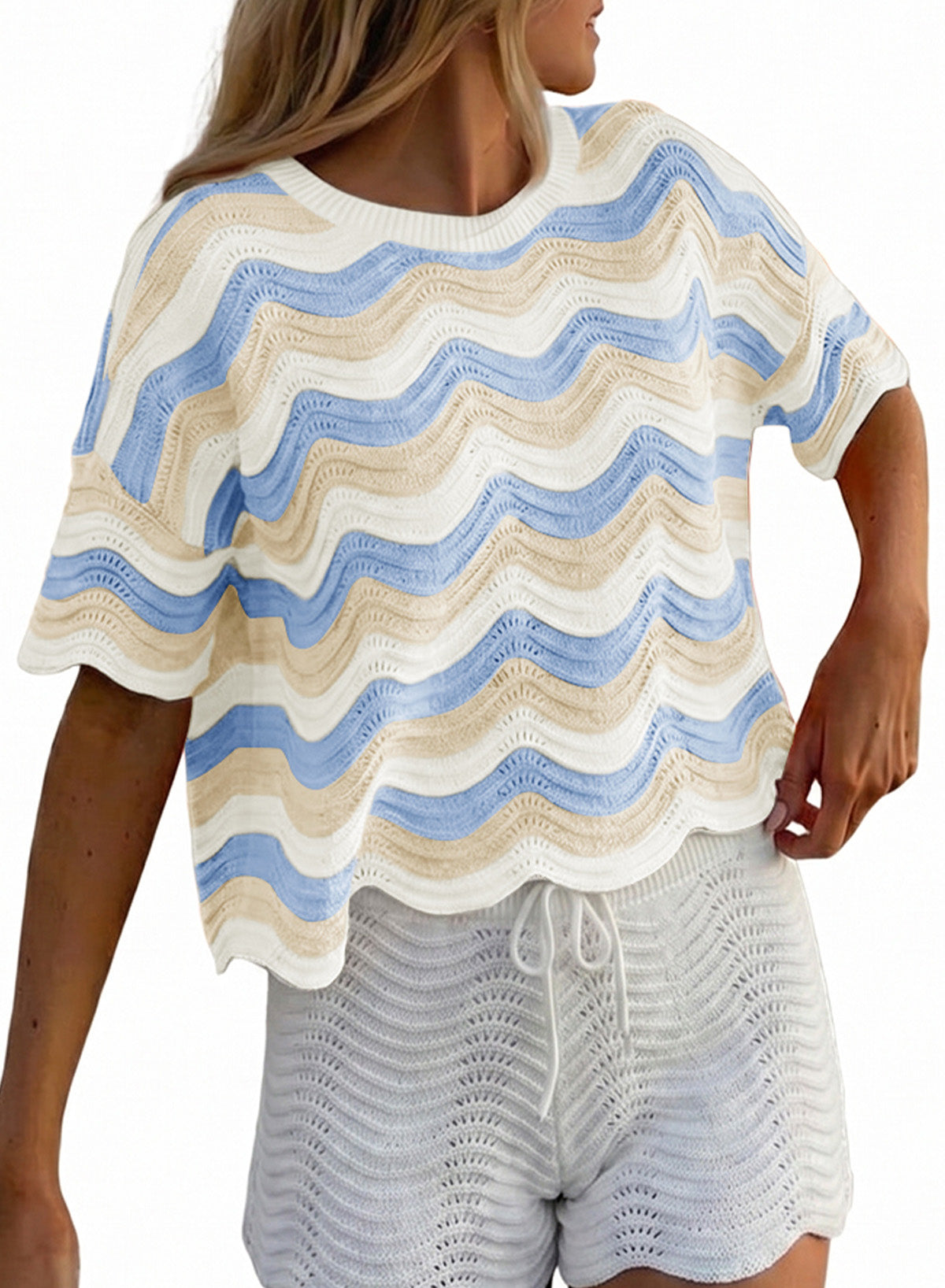 Dokotoo Women's Summer Crochet Tops 2026 Ruffle Striped Hollow Out Sweaters