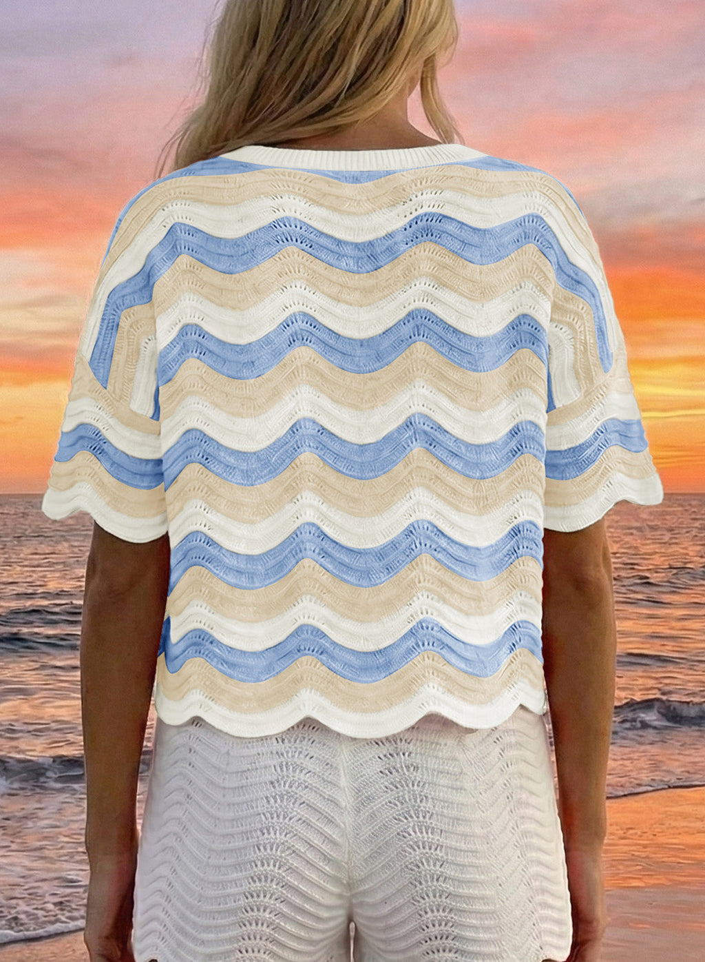 Dokotoo Women's Summer Crochet Tops 2026 Ruffle Striped Hollow Out Sweaters