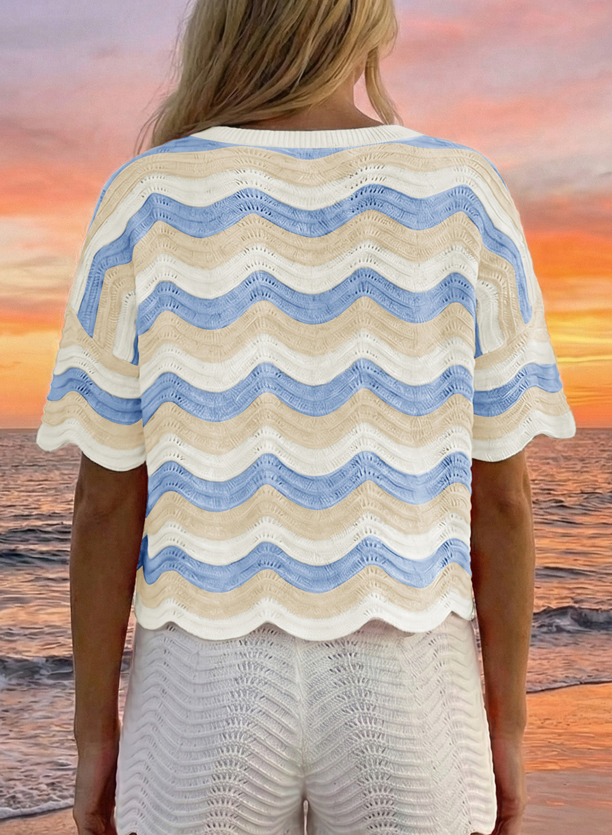 Dokotoo Women's Summer Crochet Tops 2026 Ruffle Striped Hollow Out Sweaters