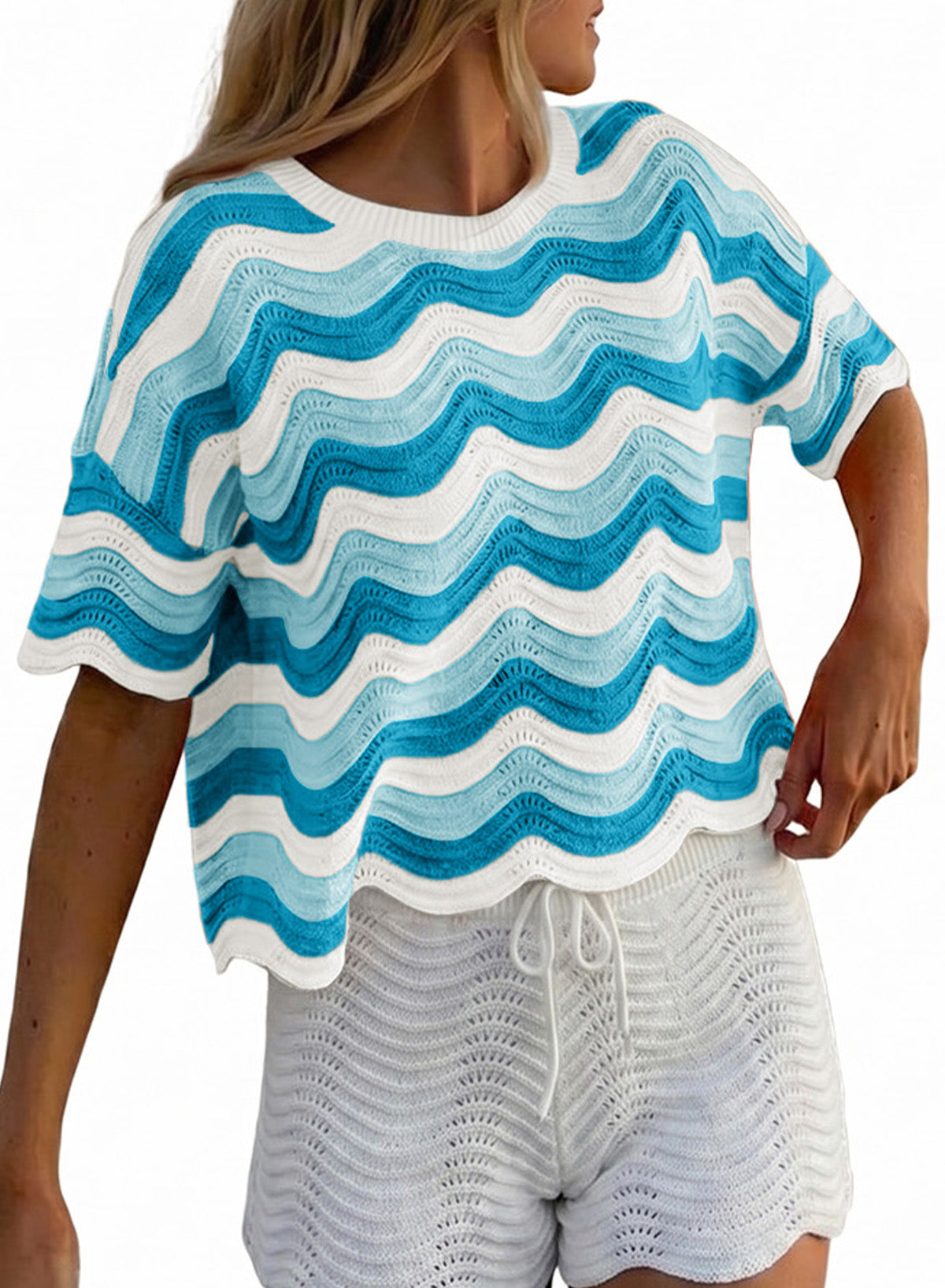 Dokotoo Women's Summer Crochet Tops 2026 Ruffle Striped Hollow Out Sweaters