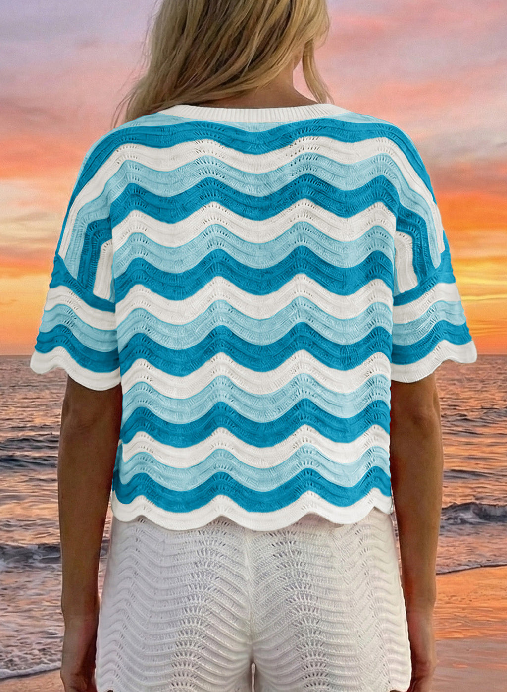 Dokotoo Women's Summer Crochet Tops 2026 Ruffle Striped Hollow Out Sweaters