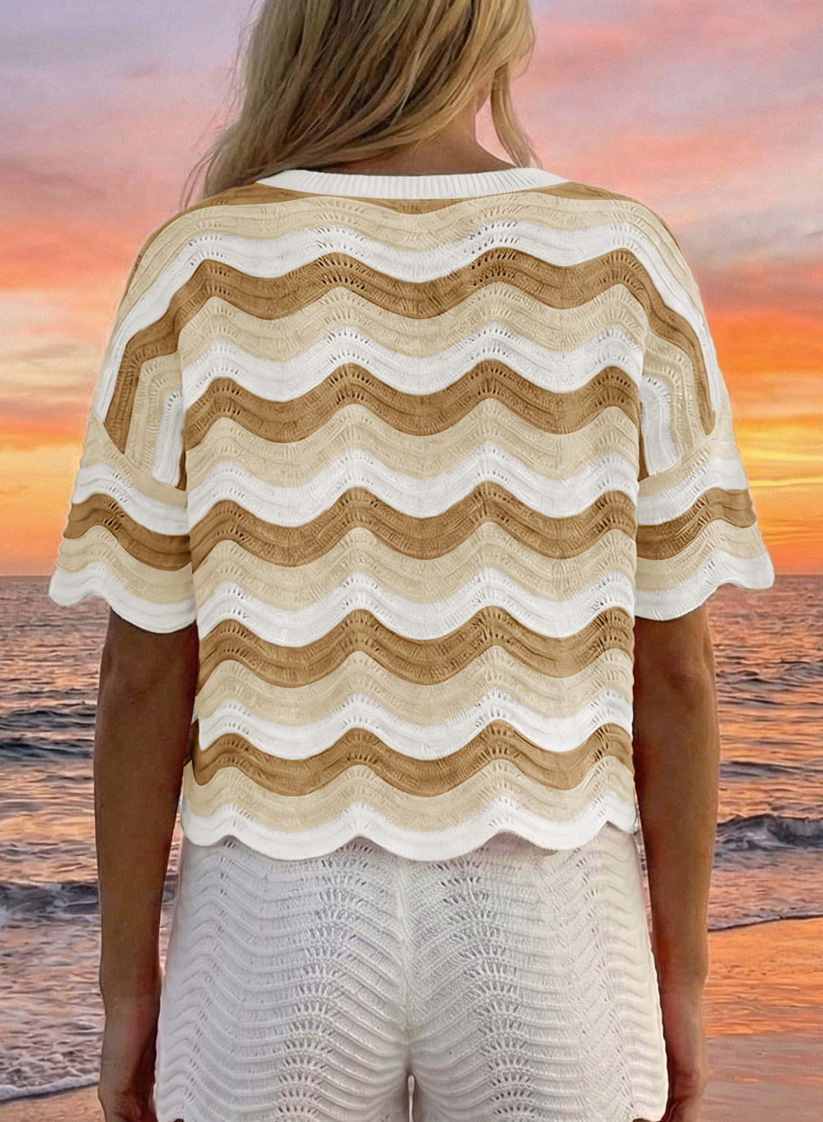 Dokotoo Women's Summer Crochet Tops 2026 Ruffle Striped Hollow Out Sweaters