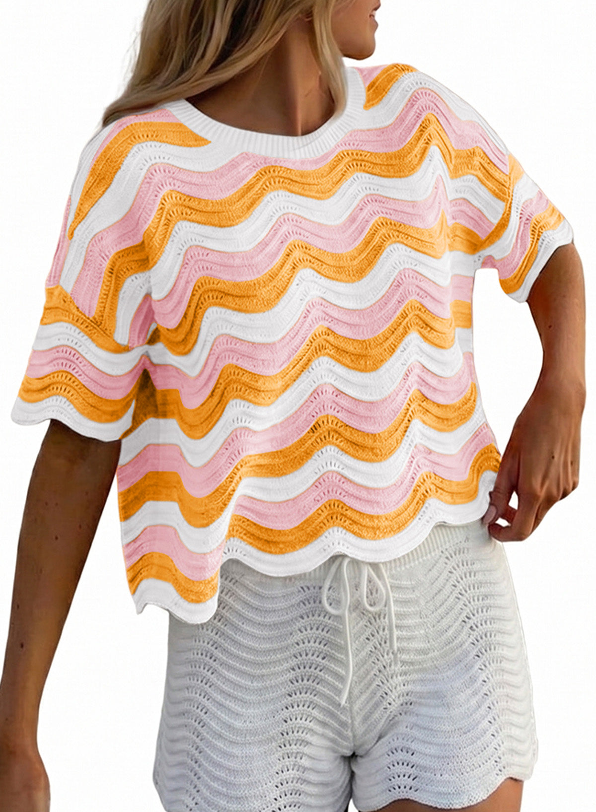 Dokotoo Women's Summer Crochet Tops 2026 Ruffle Striped Hollow Out Sweaters