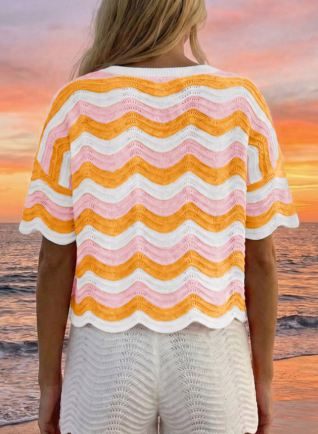 Dokotoo Women's Summer Crochet Tops 2026 Ruffle Striped Hollow Out Sweaters