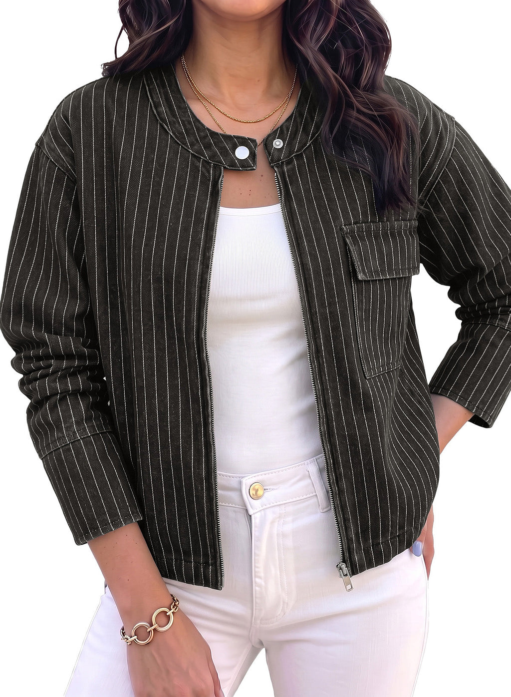 Dokotoo Women's Striped Denim Jacket 2026 Fall Zipper Button Jeans Coats