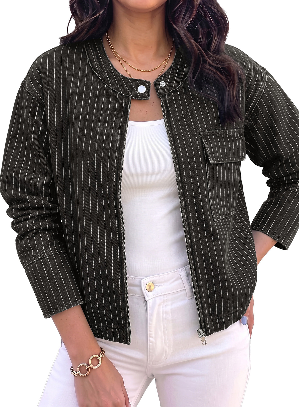 Dokotoo Women's Striped Denim Jacket 2026 Fall Zipper Button Jeans Coats