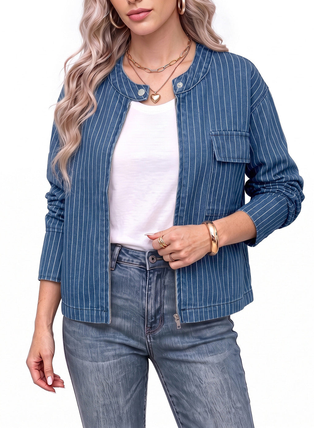 Dokotoo Women's Striped Denim Jacket 2026 Fall Zipper Button Jeans Coats