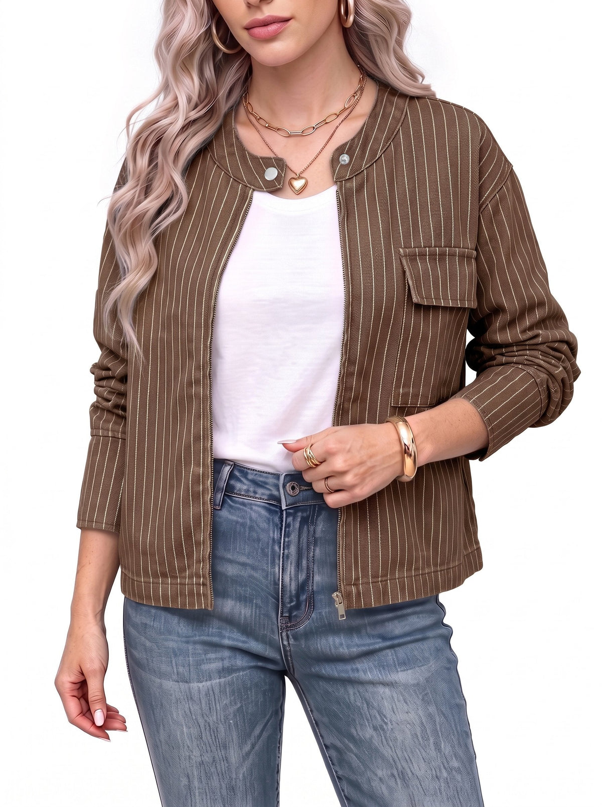 Dokotoo Women's Striped Denim Jacket 2026 Fall Zipper Button Jeans Coats