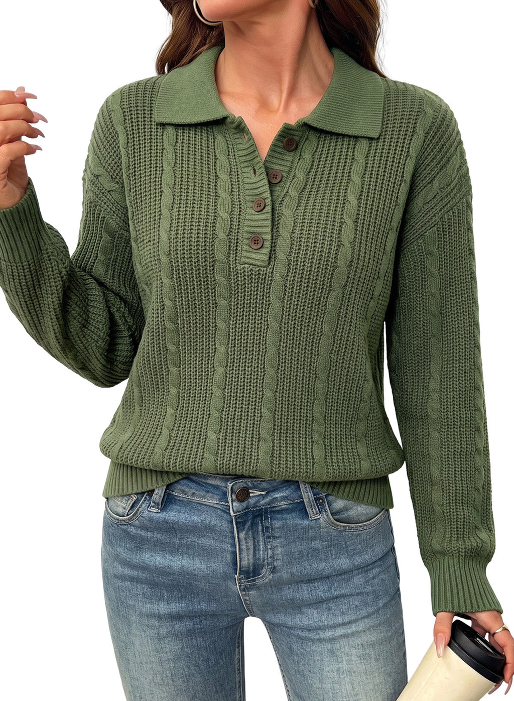 Dokotoo Sweaters for Women Long Sleeve Striped Color Block Button Polo Lapel Collar Cable Knit Casual Pullover Sweater Tops